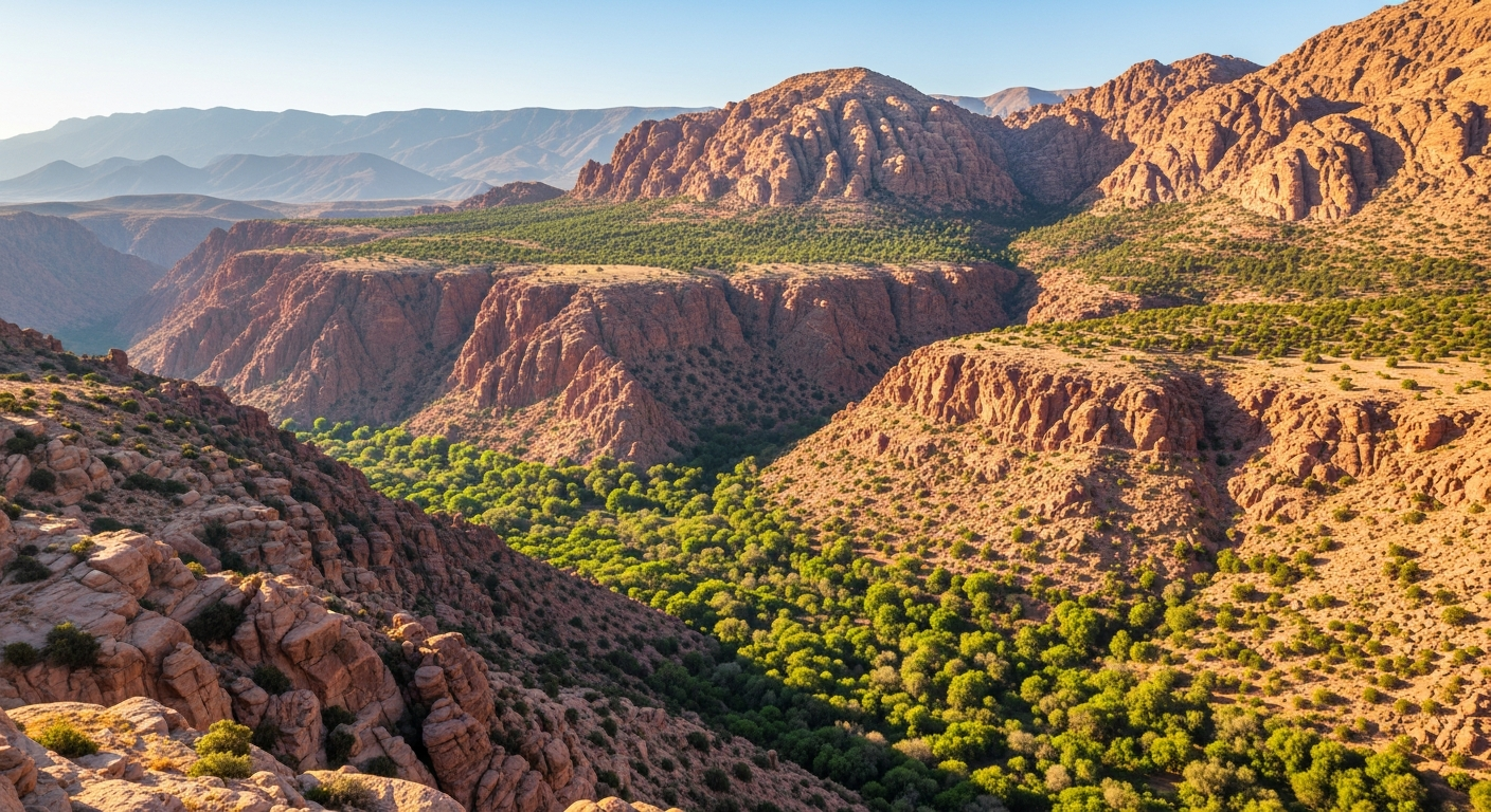 A breathtaking aerial perspective over Dana Biosphere Reserve in Jordan, showcasing dramatic geological layers where rugged sandstone cliffs in warm ochre and rose hues cascade down into a verdant valley floor, with distinct vegetation zones visible from arid rocky outcrops dotted with hardy shrubs at the highest elevations transitioning through Mediterranean woodland with scattered juniper and oak trees in the middle zones, down to lush green wadis with dense acacia groves in the canyon bottom, all bathed in golden afternoon sunlight that emphasizes the dramatic topographical diversity, shot with a drone camera capturing the sweeping landscape where desert meets mountain meets valley in a stunning display of ecological variation, with distant purple-tinged mountains fading into the hazy horizon under a clear azure sky