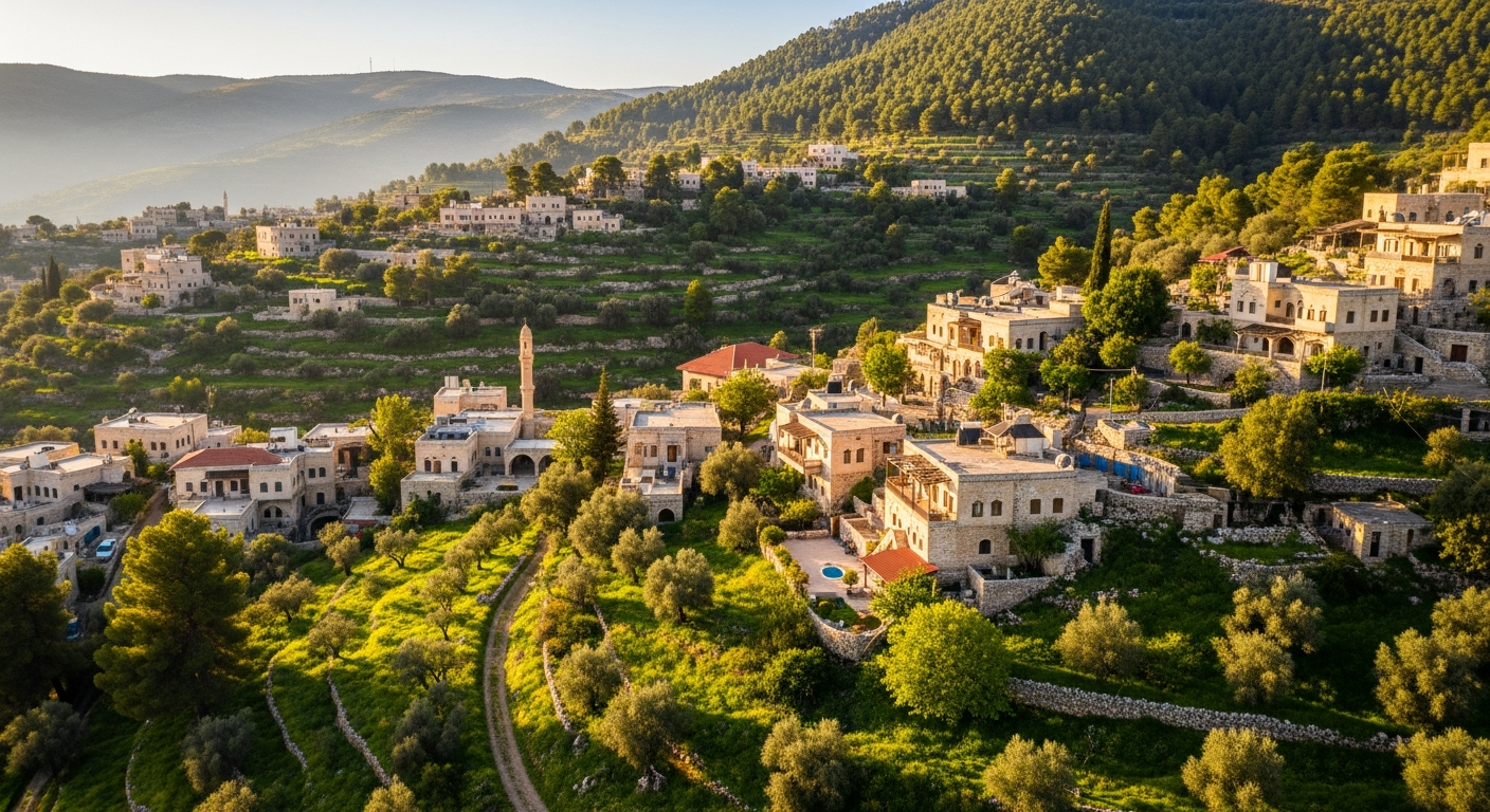 A stunning aerial view of ancient stone villages nestled in the lush green highlands of Ajloun, Jordan, with traditional Middle Eastern architecture featuring cream-colored limestone buildings with terracotta roofs scattered across rolling hills covered in dense Mediterranean forest. The golden hour sunlight bathes the landscape in warm amber tones, casting long shadows across terraced olive groves and wild vegetation. In the foreground, a winding dirt path leads through vibrant wildflowers and native shrubs, while in the middle ground, clusters of historic homes with characteristic arched doorways and small courtyards are visible among towering oak and pistachio trees. The background reveals misty mountain ridges fading into soft blue haze, with patches of protected woodland showcasing the rich biodiversity of the biosphere reserve. Natural morning dew glistens on leaves, and the composition captures the harmonious integration of human settlement within pristine nature, shot with authentic smartphone photography aesthetic with slightly saturated greens and earthy tones typical of travel Instagram posts.