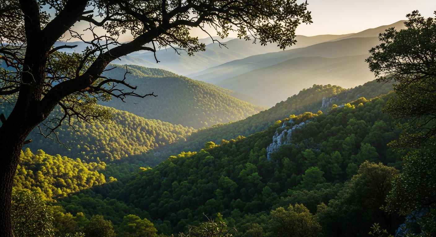 A sweeping vista of lush green rolling hills blanketed in dense Mediterranean forest under soft golden hour sunlight, with layers of oak and pistachio trees creating a rich canopy of varying shades of green stretching across the mountainous terrain. The foreground features gnarled tree branches framing the view, while misty valleys nestle between the forested slopes in the distance. Dappled natural light filters through the thick woodland canopy, casting gentle shadows across the verdant landscape. The scene captures the unexpected lushness of protected Middle Eastern highlands, with rocky outcrops occasionally visible through the dense vegetation. Shot from an elevated viewpoint with a shallow depth of field, the composition emphasizes the dramatic contrast between the dark forest greens and the warm, hazy atmosphere of the distant hills, creating an authentic travel photography aesthetic with natural color grading and soft atmospheric perspective.