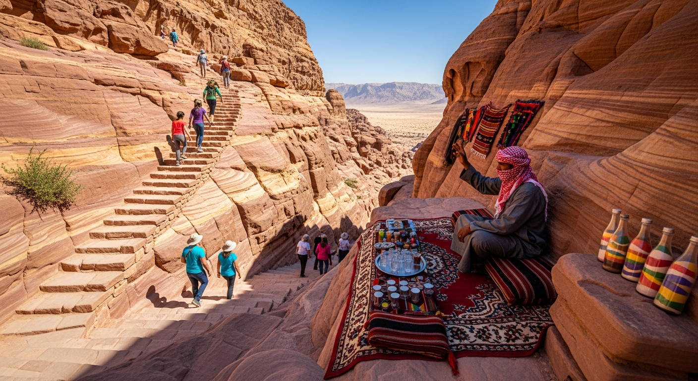 A breathtaking wide-angle photograph captures a dramatic stone stairway carved into a rose-colored sandstone cliff face, winding upward through towering canyon walls under brilliant Middle Eastern sunlight. The ancient hand-carved steps snake through the rugged terrain, with deep shadows creating dramatic contrast against the warm ochre and terracotta hues of the rock formations. In the mid-ground, several hikers in colorful athletic wear and wide-brimmed hats ascend the steps, their small figures emphasizing the monumental scale of the carved pathway. Natural rock ledges and platforms jut out from the cliff sides, providing shaded resting spots where travelers pause to admire the sweeping desert valley views stretching to distant mountains. A Bedouin vendor's simple setup sits along the trail, featuring a traditional carpet spread with glass tea cups catching the sunlight, colorful woven textiles draped over rocks, and vibrant sand art bottles arranged in rows displaying layered desert colors. The vendor, dressed in traditional flowing robes and a red-checkered headscarf, gestures welcomingly while speaking with tourists. The harsh midday sun creates sharp shadows and illuminates the striated layers of ancient sandstone in shades of pink, amber, and cream. Small desert plants cling to crevices in the rock face, while the clear azure sky provides a striking backdrop to the warm earth tones dominating the scene. The composition captures both the physical challenge of the ascent and the cultural richness of the experience, with genuine documentary-style authenticity perfect for adventure travel social media content.