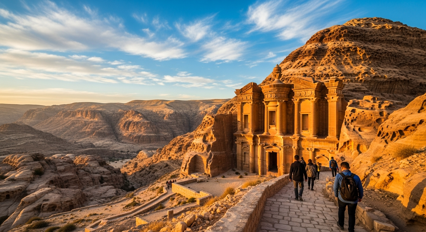 A breathtaking wide-angle photograph captures hikers ascending a winding stone pathway leading to an ancient monastery perched on a dramatic hillside in Jordan. The golden hour sunlight bathes the honey-colored limestone architecture in warm amber tones, while the rugged desert mountains create layers of terracotta and sandy beige in the background. In the foreground, several travelers in casual hiking gear are photographed from behind as they navigate the ancient trail, their silhouettes creating depth against the illuminated monastery walls. Wild desert vegetation and scattered rocks frame the pathway, while wispy clouds streak across the brilliant blue sky. The composition emphasizes the scale and majesty of the historic religious structure against the vast Middle Eastern landscape, shot with natural lighting that creates dramatic shadows across the weathered stone facades and arched doorways of the Byzantine-era building.