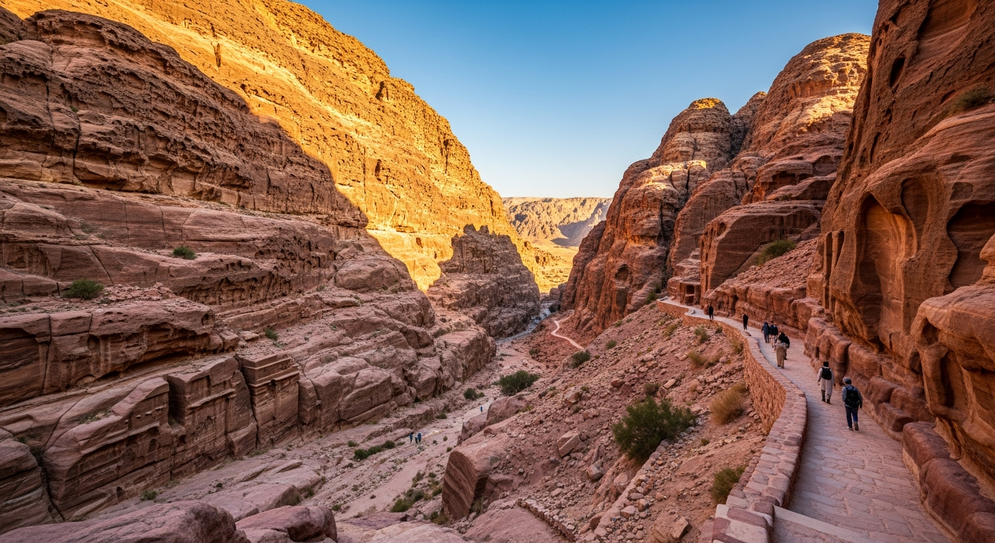 A sweeping vista of an ancient sandstone trail winding through Petra's rose-red canyon walls, captured during golden hour with warm sunlight illuminating the weathered rock formations. The narrow pathway carved into the cliff face stretches into the distance, flanked by towering stratified canyon walls in shades of amber, terracotta, and dusty pink. A few distant hikers in earth-toned clothing traverse the rugged path, providing scale to the massive geological formations. The natural lighting casts dramatic shadows across the layered sedimentary rock, while patches of desert vegetation cling to crevices in the ancient stone. Shot from an elevated perspective showing the serpentine trail disappearing around a bend, with the monastery's remote location emphasized by the untouched desert landscape and clear blue sky above.