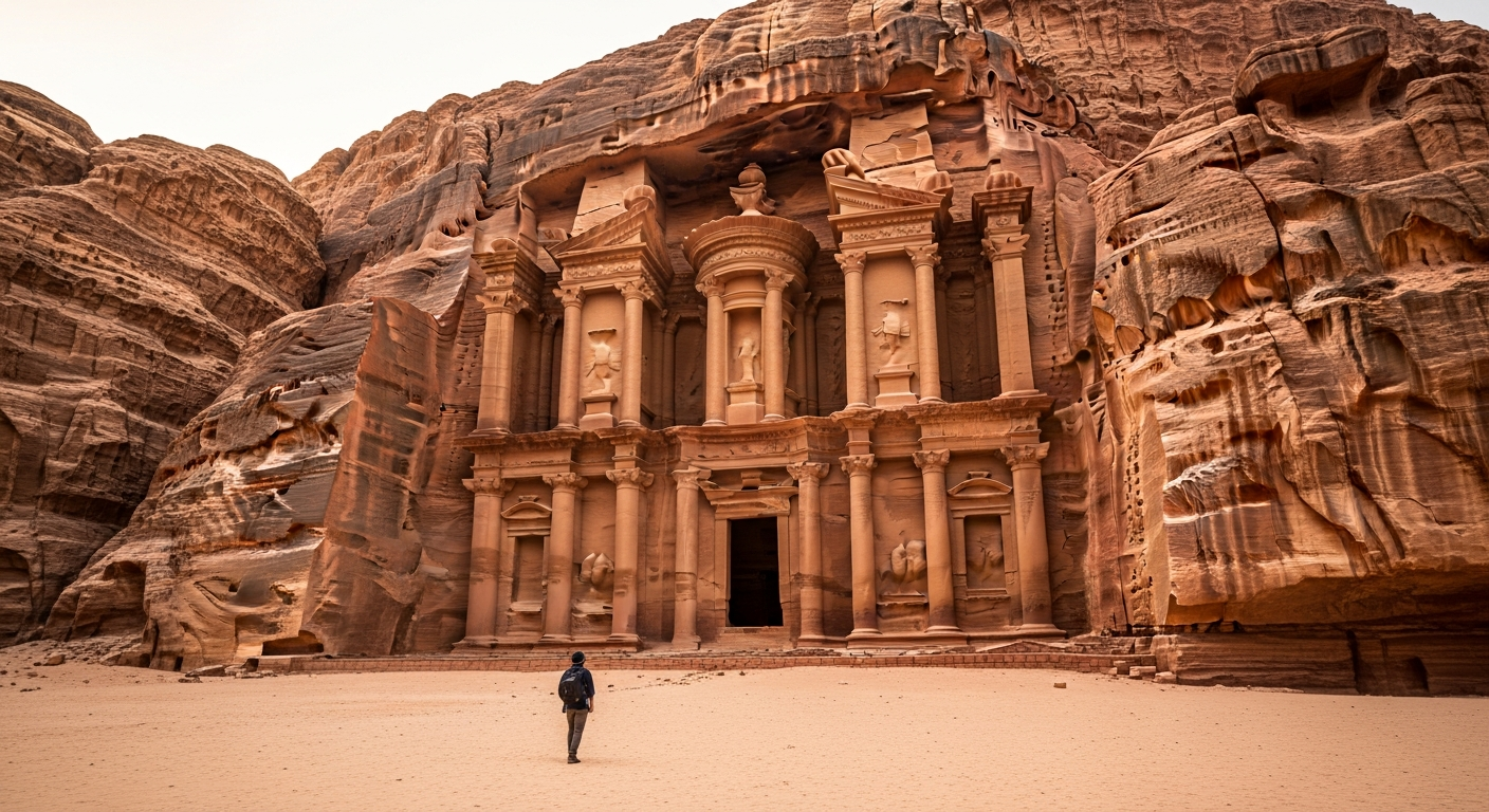 A solitary traveler stands dwarfed before the magnificent rose-red facade of an ancient carved monastery emerging from towering sandstone cliffs in Petra, Jordan, captured during golden hour when warm sunlight bathes the intricate classical columns and ornate architectural details in amber and pink hues, the weathered rock face showing natural striations and textures from centuries of wind erosion, deep shadows creating dramatic contrast in the carved niches and doorways, the empty courtyard of smooth sandy ground emphasizing the vast scale and isolation of this archaeological wonder, shot from a low angle with natural desert lighting, authentic travel photography style with rich earth tones and the peaceful emptiness highlighting the monument's grandeur