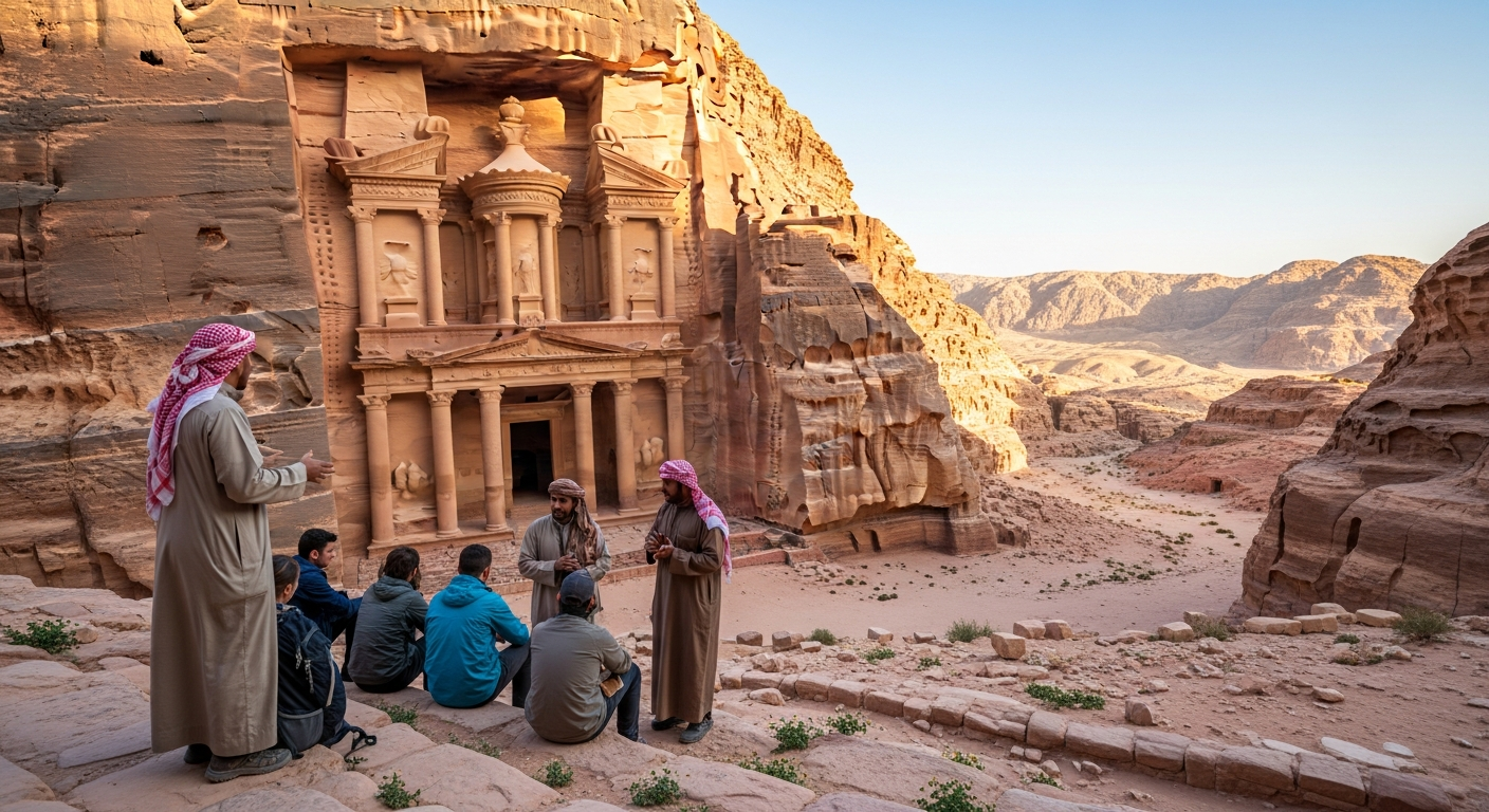A warm golden hour scene at Petra's ancient monastery carved into rose-red sandstone cliffs, where a small group of local Jordanian guides in traditional keffiyeh headscarves and earth-toned robes gesture animatedly while speaking to tourists, their weathered hands pointing toward intricate carved details in the towering rock facade. The late afternoon sunlight casts dramatic shadows across the ancient stone architecture, illuminating the natural striations in the pink and orange cliff face. In the foreground, travelers sit on ancient stone steps listening intently, their backpacks resting beside them, while desert wildflowers grow between cracks in the weathered stone pathway. The composition captures the intimate moment of cultural exchange against the magnificent backdrop of the carved monastery entrance, with the vast Jordanian desert landscape visible in the distance under a clear blue sky.