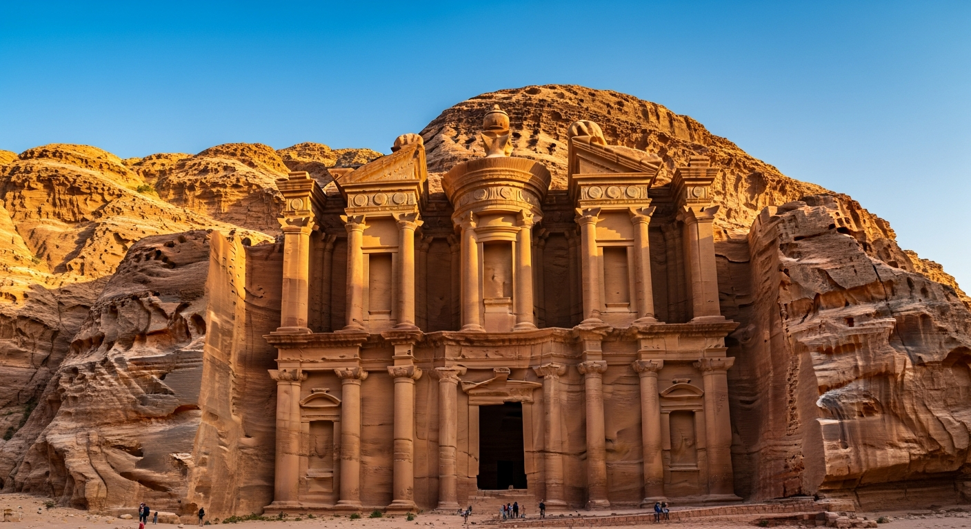 A breathtaking wide-angle photograph capturing the massive ancient Monastery carved into rose-colored sandstone cliffs in Petra, Jordan, shot during golden hour with warm natural sunlight illuminating the towering classical facade. The monumental structure dominates the frame, its colossal doorway and ornate columns rising several stories high, dwarfing a few tourists standing at its base for scale. The carved architecture emerges dramatically from the raw rock face, with intricate Hellenistic details visible in the honey-toned stone. The Monastery sits in an expansive open plaza area surrounded by dramatic desert mountain terrain, with deep blue sky above. The perspective emphasizes the overwhelming scale and grandeur of the monument, photographed from ground level looking upward. Warm afternoon light creates beautiful shadows and highlights across the detailed carved surfaces, while the rusty-pink and amber hues of the ancient sandstone glow in the natural desert sunlight. A few small human figures scattered near the entrance provide dramatic scale reference, showing just how monumentally tall the doorway and columns truly are.