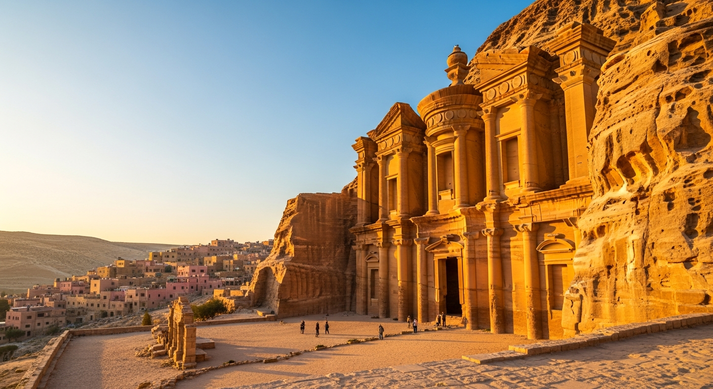 A golden-hour photograph capturing the magnificent honey-colored stone facade of a historic Jordanian monastery, bathed in warm natural sunlight that illuminates the ancient weathered blocks in rich amber and yellow tones. The composition shows the full architectural structure from a distance, taken from an open courtyard or plaza that provides clear sightlines to the entire building. The limestone walls glow warmly against a clear blue sky, contrasting beautifully with the pink-toned buildings visible in the valley below. The foreground includes empty stone pavement or sandy ground, emphasizing the peaceful solitude of the location. Soft afternoon light creates gentle shadows that accentuate the architectural details, carved columns, and ornate doorways. A few scattered tourists or travelers appear as small figures in the middle distance, reinforcing the sense of space and tranquility. The photography style is authentic travel content with natural color grading, sharp focus on the monastery's facade, and a wide-angle perspective that captures both the grandeur of the structure and the expansive surrounding landscape.