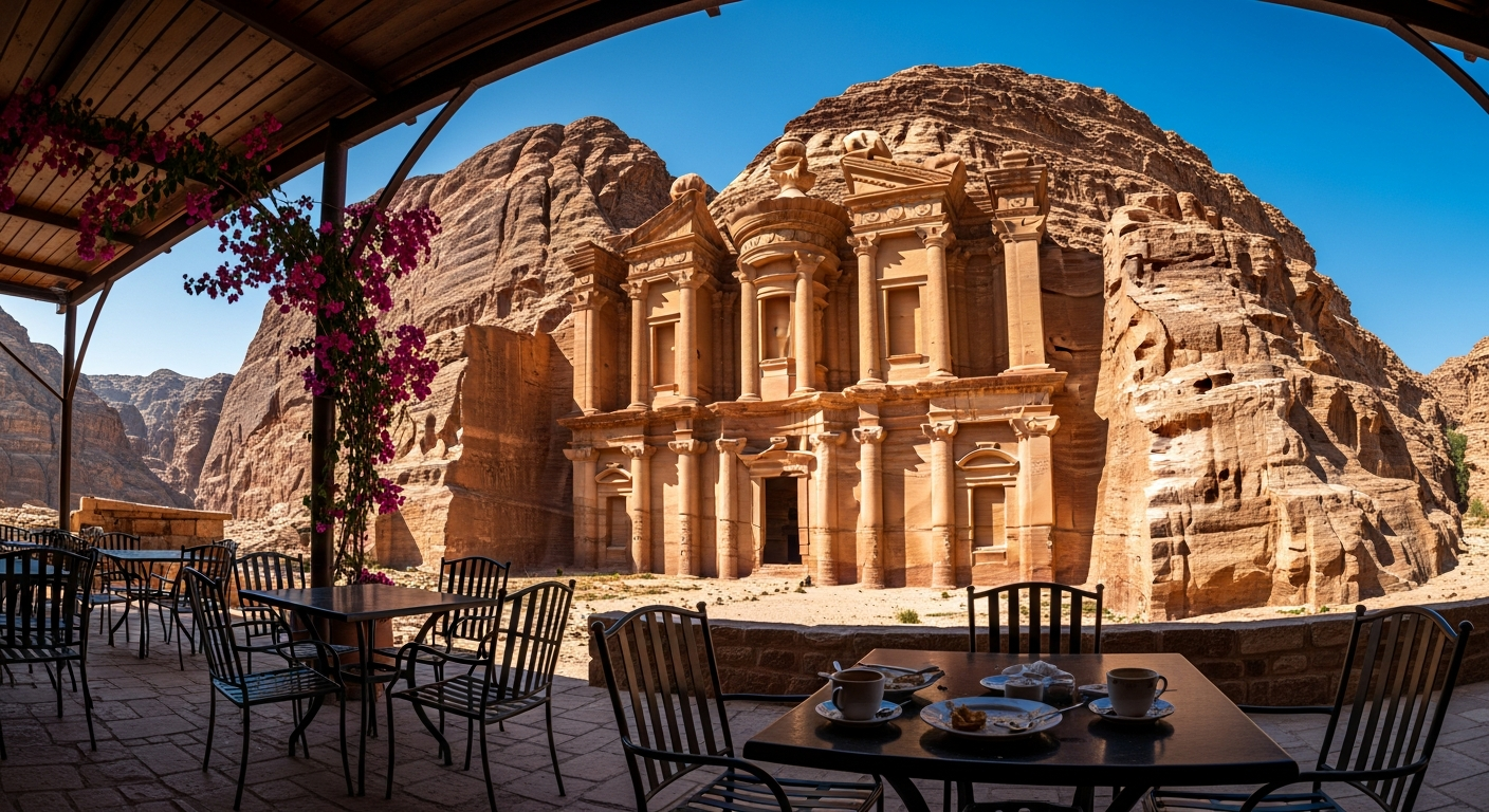 A stunning wide-angle photograph of an ancient carved monastery facade in Jordan's rose-red sandstone cliffs, shot from a shaded outdoor cafe seating area in the foreground.