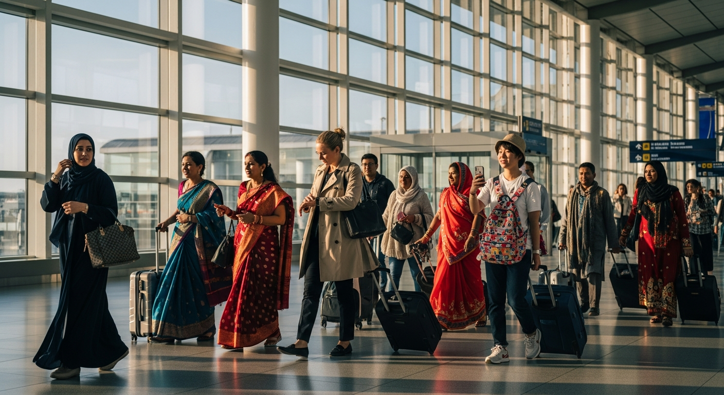 A vibrant airport terminal scene captured in golden hour lighting, showing diverse travelers from different cultures walking through the departure hall, each dressed in distinctive traditional and modern clothing styles representing various countries - a woman in an elegant flowing abaya, another in colorful Indian saree, someone in modest European business attire, a traveler in casual Japanese street fashion, and others in different cultural dress styles. The composition shows them naturally moving through the bright, modern space with large windows casting warm natural light, their rolling luggage beside them, creating authentic depth and movement. The photo has that candid, documentary-style Instagram aesthetic with soft natural lighting, slightly desaturated colors, and genuine human moments of cultural diversity in travel.