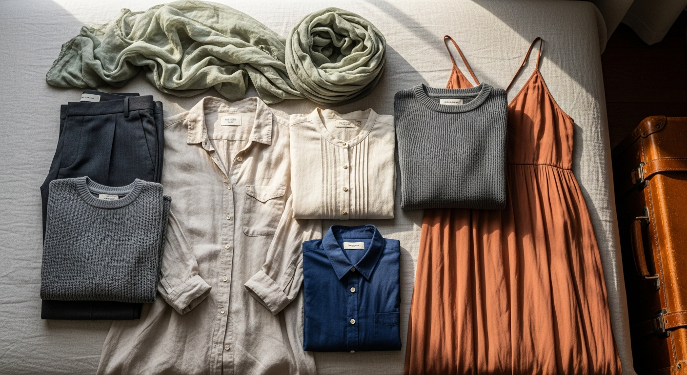 A flatlay photograph on a neutral linen bedspread showcasing carefully curated travel clothing items arranged in an aesthetically pleasing composition. The scene features flowing linen garments in soft beige and cream tones, a navy blue button-down shirt, charcoal tailored trousers folded neatly, a flowing maxi dress in terracotta, and a lightweight merino wool sweater in charcoal gray. A large, gauzy scarf in muted sage green is artfully draped across the arrangement. Natural morning light streams in from a nearby window, casting soft shadows and creating a warm, inviting atmosphere. The fabrics show natural texture and wrinkles, emphasizing their breathable, packable qualities. Small details like visible fabric weaves and the natural drape of the materials are highlighted by the gentle lighting. A corner of a vintage leather suitcase is visible at the edge of the frame, suggesting preparation for an international journey. The overall composition has an organic, unforced quality typical of authentic travel blogger photography, with a shallow depth of field that softly blurs the background while keeping the clothing items in sharp focus.