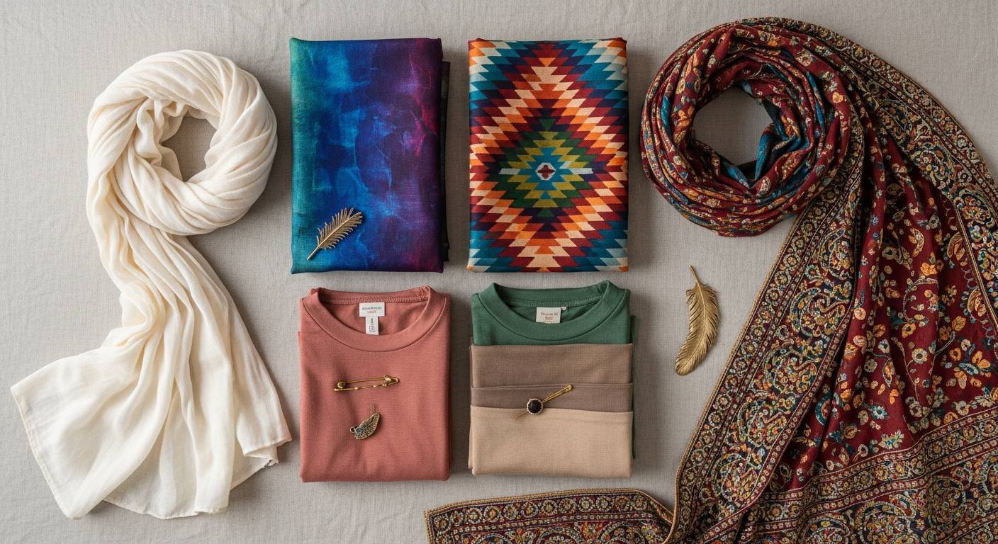 A candid overhead flatlay photograph on a neutral linen surface showing an artful arrangement of various headscarves and fabric pieces from different cultures spread out organically - a flowing lightweight cotton scarf in soft cream tones, a luxurious silk piece in deep jewel tones with subtle patterns, a vibrant rectangular wrap with traditional geometric designs, delicate jersey fabric in muted earth colors, and an intricately embroidered dupatta with ornate borders draped gracefully across the composition. Small decorative elements like antique brass pins, ornamental brooches, and elegant fabric clips are scattered naturally among the textiles. The fabrics show authentic textures and natural wrinkles, with some pieces overlapping to create depth. Soft natural window light creates gentle shadows and highlights the rich textures and colors of each fabric. The styling feels authentic and respectful, resembling a traveler's careful preparation or a cultural appreciation flatlay, shot from directly above in classic Instagram aesthetic with warm, natural tones and shallow depth of field that keeps the focus on the beautiful textile details and craftsmanship.