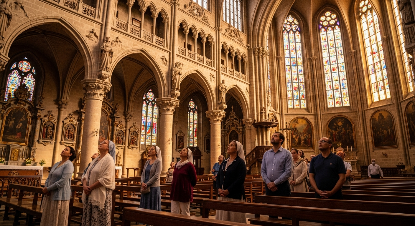 A sunlit European church interior captured during golden hour, showing ornate stone architecture with vaulted ceilings and stained glass windows casting colorful light patterns across worn wooden pews. In the foreground, a diverse group of tourists and visitors dressed respectfully in modest clothing - women wearing knee-length dresses and shawls over their shoulders, men in long pants and collared shirts - stand admiring the sacred space. The natural light streams through tall arched windows, illuminating ancient columns and religious artwork on the walls. The photo has an authentic travel photography aesthetic with soft, warm tones and a slightly wide-angle perspective that captures both the architectural grandeur and the respectfully dressed visitors, shot from a candid angle as if documenting real cultural customs and appropriate attire for religious sites around the world.
