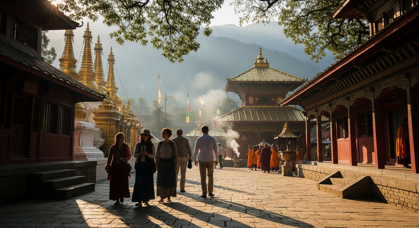 A serene morning scene at an ornate Buddhist temple complex with golden stupas and red-painted wooden structures rising against a misty mountain backdrop. In the foreground, a diverse group of respectful travelers wearing modest clothing walks along a stone pathway - women in long flowing skirts and covered shoulders, men in lightweight pants and shirts. Warm sunrise light filters through ancient trees, casting dappled shadows across the temple courtyard. Orange-robed monks can be seen in soft focus in the background near the main prayer hall. Prayer flags in vibrant colors flutter gently in the breeze. The composition captures the peaceful atmosphere with natural depth of field, shot from a low angle that emphasizes the temple's majestic architecture while showing visitors dressed appropriately in cultural reverence. Incense smoke drifts lazily through the golden hour light, creating an ethereal, authentic travel photography aesthetic perfect for social media.