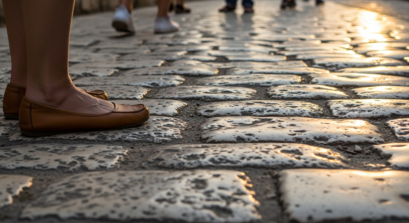 A candid ground-level shot capturing a tourist's feet and lower legs navigating ancient cobblestone pathways, worn leather flat shoes or comfortable sneakers contrasting against weathered gray stone pavement, shadows falling across uneven historic flooring with visible gaps between rounded stones, natural afternoon sunlight illuminating the textured surface, other visitors' feet visible slightly blurred in the background walking across the bumpy terrain, the composition emphasizing the rough, irregular surface of centuries-old stonework with its dips and raised sections, shot in authentic travel photography style with warm Mediterranean lighting