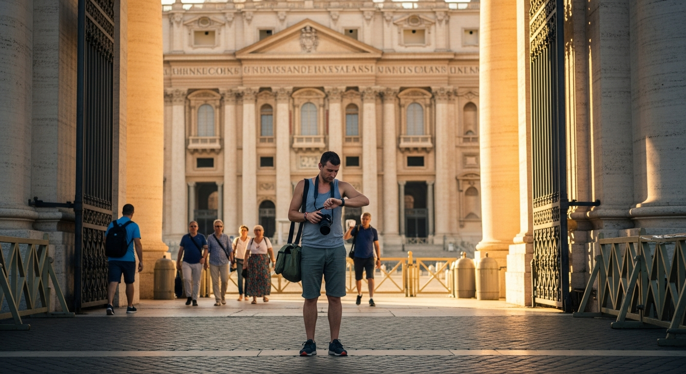 A candid shot of a disappointed tourist standing outside the ornate baroque entrance gates of St. Peter's Basilica, wearing casual summer clothes - a sleeveless tank top and shorts - while holding their camera and day bag, visibly turned away by security. The golden morning light illuminates the magnificent Renaissance architecture and travertine columns behind them. Other properly dressed visitors in modest clothing walk past through the entrance in soft focus background. The tourist's body language shows frustration and regret, checking their watch. Warm Mediterranean sunlight creates natural shadows on the cobblestone plaza, with the iconic Vatican architecture rising majestically in the background. Shot with shallow depth of field on a smartphone, authentic travel photography style capturing a real moment of travel mishap.