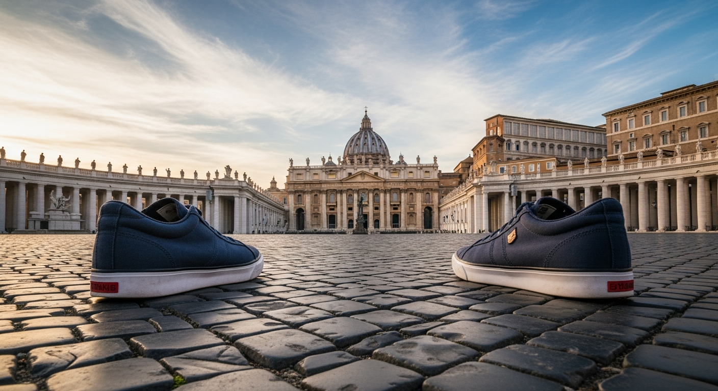 A ground-level Instagram photo capturing a traveler's feet wearing comfortable closed-toe walking shoes on ancient cobblestone pavement inside Vatican corridors, with dramatic Renaissance marble floors and ornate architectural details visible in the soft natural light filtering through tall arched windows, the shoes appearing well-worn and practical, surrounded by the golden amber glow of afternoon sunlight streaming across the historic stone flooring, shot from a first-person perspective looking down at the feet mid-stride, creating an authentic travel blogger aesthetic with shallow depth of field blurring the magnificent frescoed walls and classical columns in the background