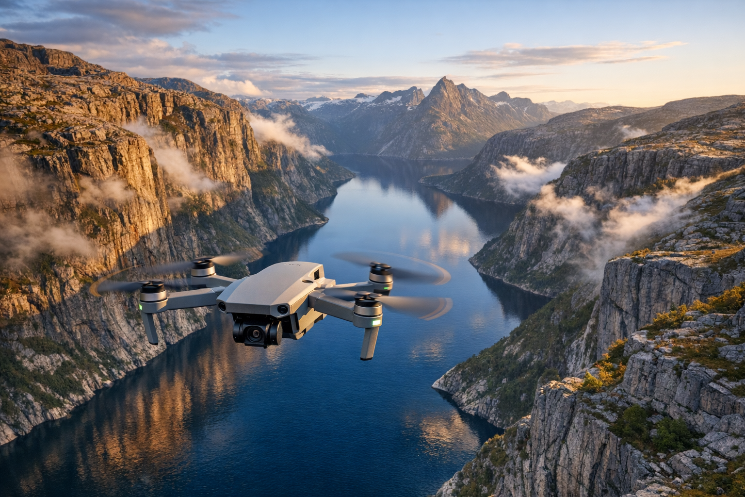 A breathtaking aerial perspective showing a compact consumer drone suspended in mid-air against the backdrop of a magnificent Norwegian fjord, with towering granite cliffs plunging vertically into deep sapphire blue waters below, the drone's propellers caught in motion blur, dramatic mountain peaks rising in the distance under soft Nordic light, wispy clouds clinging to the cliff faces, the fjord's mirror-like surface reflecting the surrounding landscape, patches of green vegetation clinging to the rocky slopes, the scene captured during golden hour with warm natural lighting illuminating the ancient rock formations, creating long shadows across the water, the composition emphasizing the scale and grandeur of Norway's wilderness with the small drone providing perspective against the massive geological formations