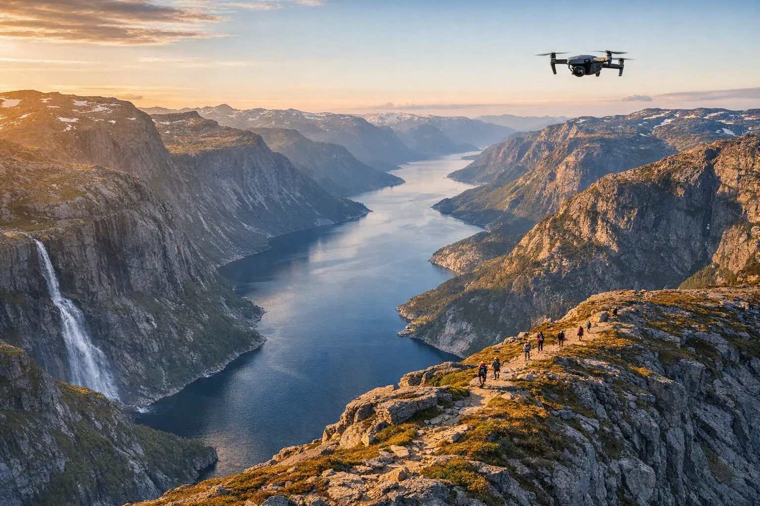 A sweeping aerial view over Norway's dramatic fjord landscape at golden hour, where a small drone hovers respectfully in the distant sky above a peaceful hiking trail, with several tiny figures of hikers visible far below on the mountain path, the scene capturing the vast scale of the Norwegian wilderness with its steep mountain cliffs, deep blue water, and cascading waterfalls, shot from a high vantage point that emphasizes the respectful distance maintained from the people below, natural soft lighting illuminating the rugged terrain and creating long shadows across the valleys, the composition showing both the breathtaking beauty of the landscape and the small human presence that reminds viewers of the importance of mindful photography, authentic outdoor photography style with rich Nordic colors and atmospheric depth