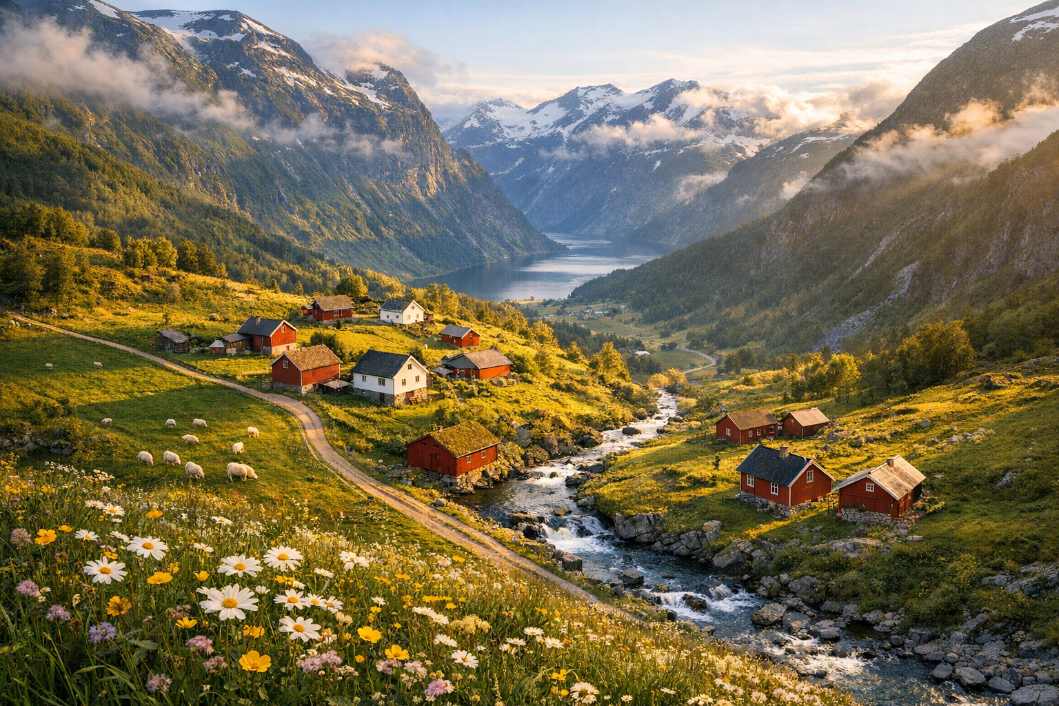 A breathtaking aerial view of a remote Norwegian village nestled in a dramatic fjord valley, with traditional red and white wooden houses scattered across rolling green hillsides, surrounded by towering snow-capped mountains in the distance, a winding dirt road connecting the handful of rustic farmhouses, wildflowers dotting the meadows in the foreground, misty clouds hovering over the mountain peaks, a small crystal-clear stream cutting through the valley, sheep grazing peacefully on the slopes, golden hour sunlight casting long shadows across the pastoral landscape, authentic Nordic countryside atmosphere captured in natural soft lighting with rich colors and depth