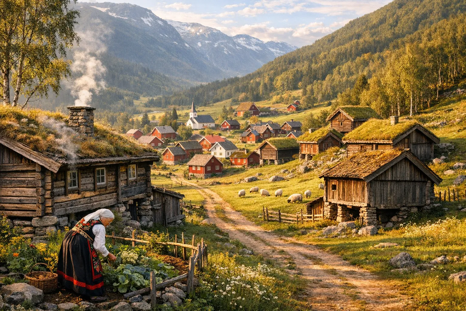A picturesque Norwegian countryside village nestled in a lush green valley, featuring clusters of traditional red and white wooden houses with steep pitched roofs and distinctive Nordic architectural details. Ancient timber buildings with weathered facades line a winding dirt path, their structures elevated on stone foundations. In the foreground, an elderly woman in traditional Norwegian folk costume with embroidered vest and long skirt tends to a small vegetable garden beside a centuries-old farmhouse. Smoke rises from a stone chimney against a backdrop of rolling hills covered in wildflowers and birch trees. Traditional grass-roofed turf houses dot the hillside, their living roofs creating a seamless blend with the natural landscape. Golden afternoon sunlight bathes the scene, casting long shadows across the valley while illuminating the rustic wooden textures and vibrant green pastures where sheep graze freely. The composition captures the authentic rural Norwegian lifestyle with natural depth of field, shot in the warm glow of late summer light.
