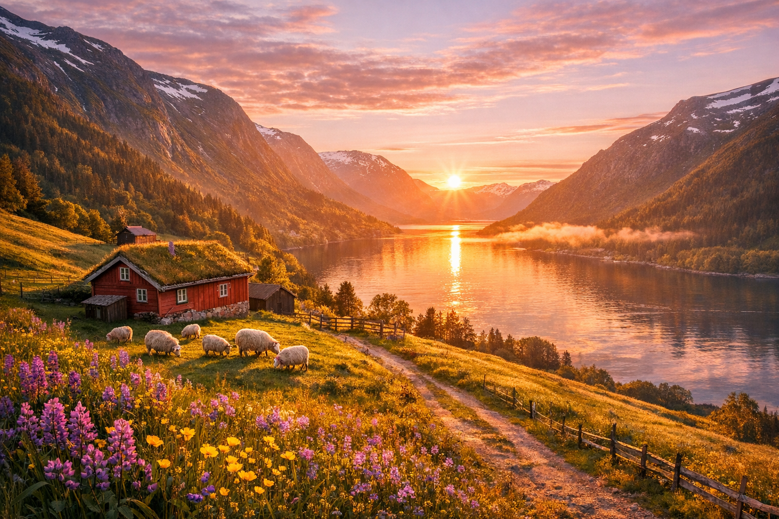 A breathtaking Norwegian countryside landscape bathed in the ethereal glow of midnight sun, photographed during golden hour with warm peachy light flooding across rolling green hills and valleys. In the foreground, wildflowers in purple and yellow dot vibrant emerald meadows, their petals softly illuminated. A traditional red wooden farmhouse with a grass-covered roof sits nestled against a hillside, surrounded by grazing sheep with thick wool coats. Beyond, dramatic fjord waters reflect the amber sky, their surface mirror-smooth and glowing. Towering mountains with patches of lingering snow on their peaks frame the background, their slopes covered in dense pine forests. A winding dirt path cuts through the meadow leading toward a small wooden fence. The sky displays that distinctive summer midnight phenomenon with the sun hovering near the horizon, casting impossibly long shadows and bathing everything in golden-pink light. Wisps of mist hover over a distant lake. The composition captures the serene, untouched beauty of rural Norway in summer, shot with a wide-angle lens from a slightly elevated position, with rich color saturation and crystal-clear atmospheric clarity typical of Nordic summer light.