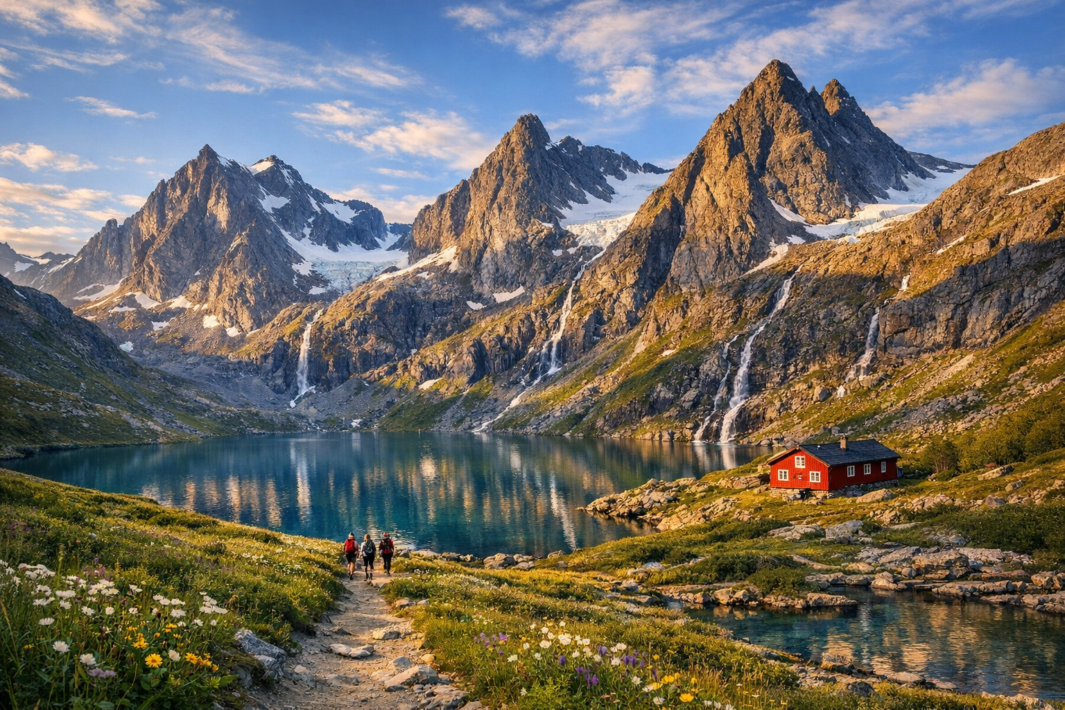 A breathtaking wide-angle photograph capturing the dramatic Norwegian mountain landscape of Jotunheimen during golden hour, with massive jagged snow-capped peaks rising against a vivid blue sky dotted with wispy clouds. In the foreground, a crystal-clear glacial lake reflects the towering summits, its turquoise waters surrounded by lush green summer valleys with wildflowers. A well-worn hiking trail cuts through the verdant meadow leading toward the mountains, with a small group of hikers visible as tiny figures in the middle distance, giving scale to the enormous peaks. Cascading waterfalls tumble down the rocky cliff faces in white ribbons. The scene showcases the dramatic contrast between the emerald valley floor and the stark rocky summits still dusted with snow and glacial ice. Natural sunlight creates dynamic shadows across the mountain ridges, highlighting the rugged terrain. A traditional red wooden Norwegian building sits nestled in the valley near the lake shore, providing a splash of color against the green landscape. The composition emphasizes the raw, untamed beauty of the Nordic wilderness with authentic outdoor photography aesthetics, shot with a wide aperture creating subtle depth of field, capturing the essence of adventure travel photography popular on social media.