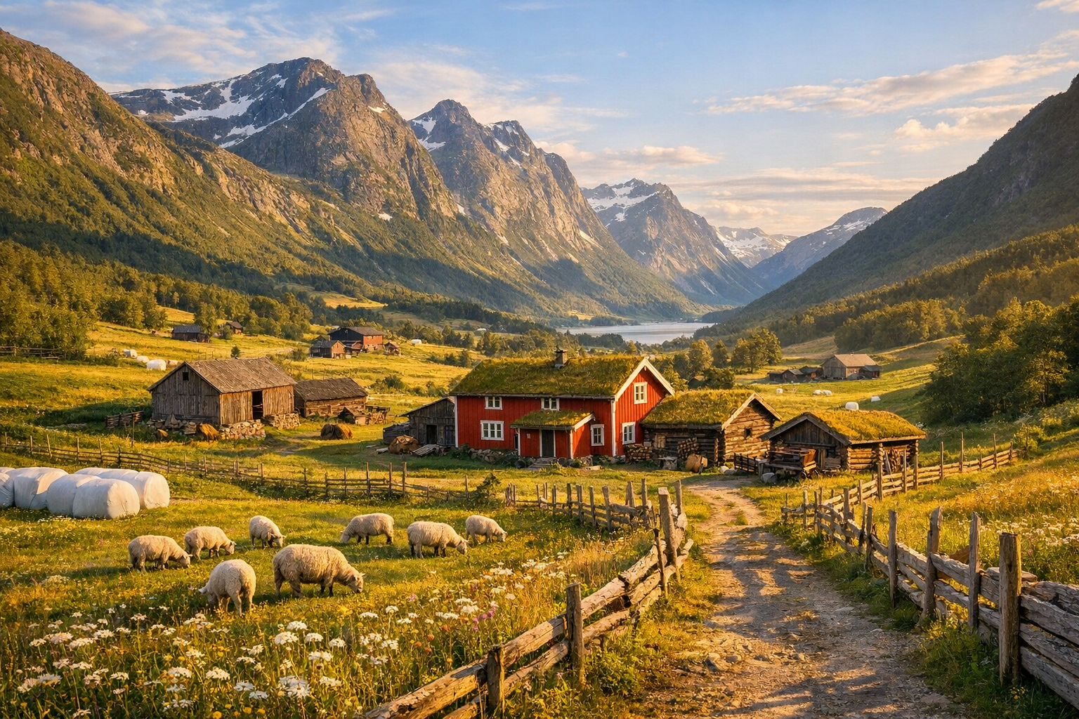 A sweeping countryside landscape in eastern Norway during golden hour, featuring a traditional red wooden farmhouse nestled in a lush green valley surrounded by dramatic mountain peaks. In the foreground, rolling meadows with wildflowers and grazing sheep dot the pastoral scene. Ancient wooden fences line a dirt path leading to the rustic farm buildings with grass-covered roofs. The middle ground shows traditional Norwegian barns and outbuildings scattered across the valley floor, their weathered timber construction blending naturally with the landscape. Towering mountains with patches of remaining snow rise majestically in the background under a soft blue sky with wispy clouds. Natural afternoon sunlight bathes the entire scene in warm, golden tones, creating long shadows across the agricultural fields. The composition captures the authentic rural Norwegian lifestyle with genuine farming elements visible - hay bales, wooden storage structures, and grazing livestock in their natural environment. Shot with a wide-angle perspective from an elevated viewpoint to showcase the dramatic scale of the valley and mountains, with rich depth and natural color saturation typical of modern smartphone photography.