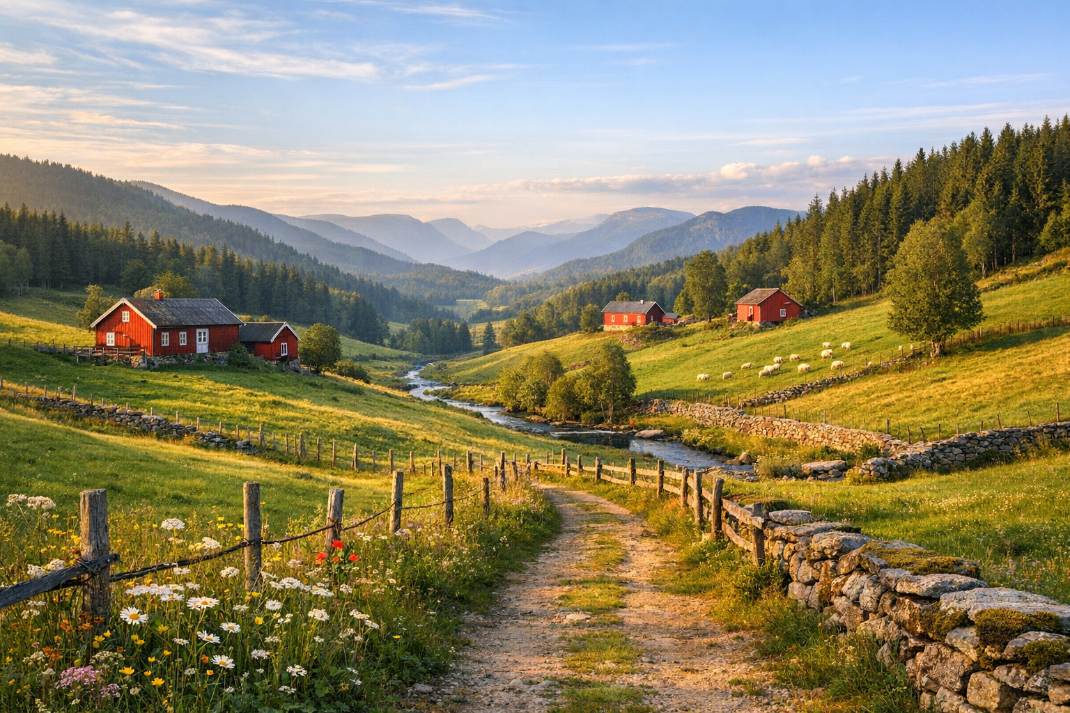 A serene Norwegian countryside scene captured during golden hour, showcasing gentle rolling hills covered in vibrant green pastures with traditional red wooden farmhouses with white trim scattered across the landscape. In the foreground, wildflowers dot the meadow grass, while weathered wooden fences line a dirt path leading through the valley. The middle ground features a peaceful pastoral setting with grazing sheep on sloping hillsides, bordered by dense pine forests. In the background, soft mountain silhouettes fade into misty blue layers under a clear Nordic sky with wispy clouds. The natural lighting creates long shadows across the undulating terrain, emphasizing the gentle topography. Ancient stone walls separate fields of different shades of green, and a small stream winds through the valley bottom. The composition captures the tranquil, unspoiled character of southern Norway's agricultural landscape, shot with the authentic aesthetic of travel photography shared on social media, with rich natural colors and soft atmospheric perspective.