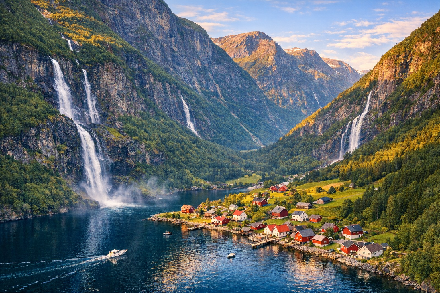 A breathtaking aerial view of a small Norwegian village nestled at the edge of a deep blue fjord, surrounded by dramatic steep mountains covered in lush green vegetation. Multiple white cascading waterfalls stream down the vertical cliff faces into the pristine fjord waters below. Traditional red and white wooden houses dot the valley floor where the village meets the water's edge. The scene captures golden hour lighting with soft sunlight illuminating the mountain peaks while casting gentle shadows across the fjord. Small boats are visible on the calm, mirror-like water surface. Dense forests blanket the lower mountain slopes, transitioning to bare rocky peaks above. The composition showcases the dramatic scale of the Norwegian landscape with the tiny village appearing dwarfed by the towering mountains. Natural mist rises from where the waterfalls meet the fjord. The photography style is crisp and vibrant, typical of travel Instagram posts, with rich blues, greens, and natural earth tones dominating the color palette.