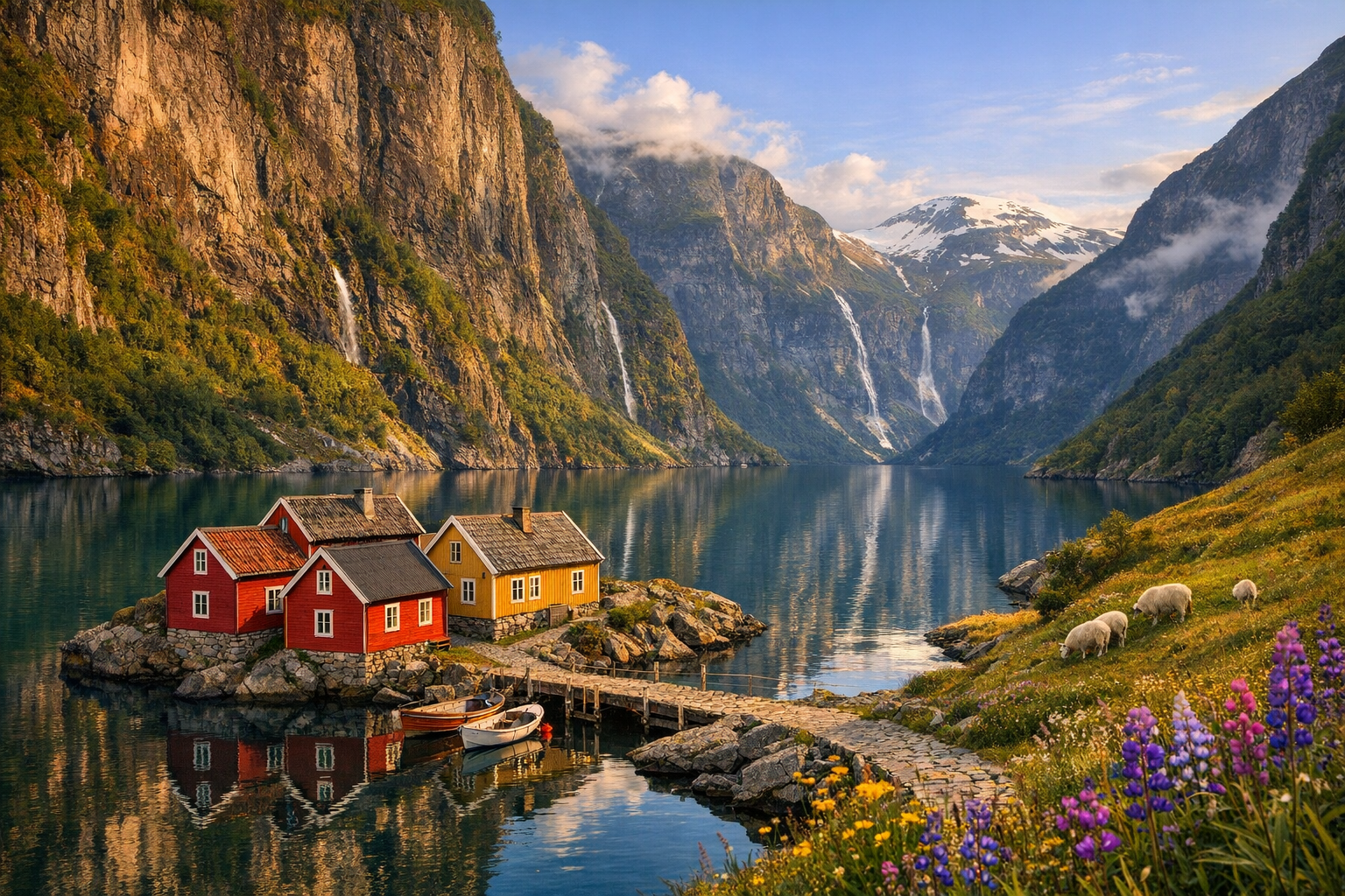 A dramatic Norwegian fjord landscape photographed during golden hour, where towering vertical cliff faces covered in lush green vegetation plunge into mirror-like turquoise water below. In the foreground, a cluster of traditional red and yellow wooden houses with white trim are perched on a rocky outcrop at the water's edge, their colorful facades reflecting in the calm fjord waters. A narrow cobblestone path winds between the historic buildings, leading past weathered wooden fishing boats moored at a small dock. Cascading waterfalls tumble down the distant mountain faces, creating white ribbons against the dark rock. Wildflowers in vibrant purple and yellow dot the grassy slopes in the mid-ground, while snow-capped peaks frame the scene in the background. The natural lighting creates a warm, golden glow across the entire landscape, with soft shadows defining the dramatic topography. A few sheep graze on the steep hillside near the village, and wisps of clouds hover around the mountain peaks. The composition captures the authentic rural Norwegian countryside with its blend of dramatic natural beauty and centuries-old human settlement, shot in the style of modern travel photography with rich colors and sharp detail throughout the frame.