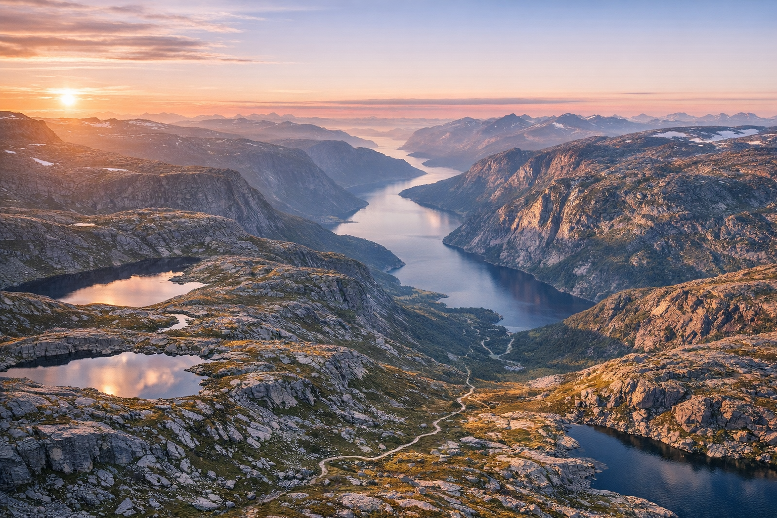 A breathtaking aerial drone photograph capturing the dramatic Norwegian wilderness at golden hour, showing vast untouched mountain plateaus with rocky terrain stretching toward distant peaks, deep fjords cutting through ancient valleys below, pristine alpine lakes reflecting the soft pink and orange sky, patches of green moss and low vegetation covering the highland tundra, a winding hiking trail visible far below emphasizing the massive scale, the midnight sun casting long shadows across the rugged landscape, shot from high altitude with a wide-angle perspective showcasing the raw beauty and isolation of Scandinavia's protected wilderness areas, crystal clear atmosphere revealing layers of mountain ranges fading into the misty horizon, natural color palette of grays, greens, and blues characteristic of Nordic terrain