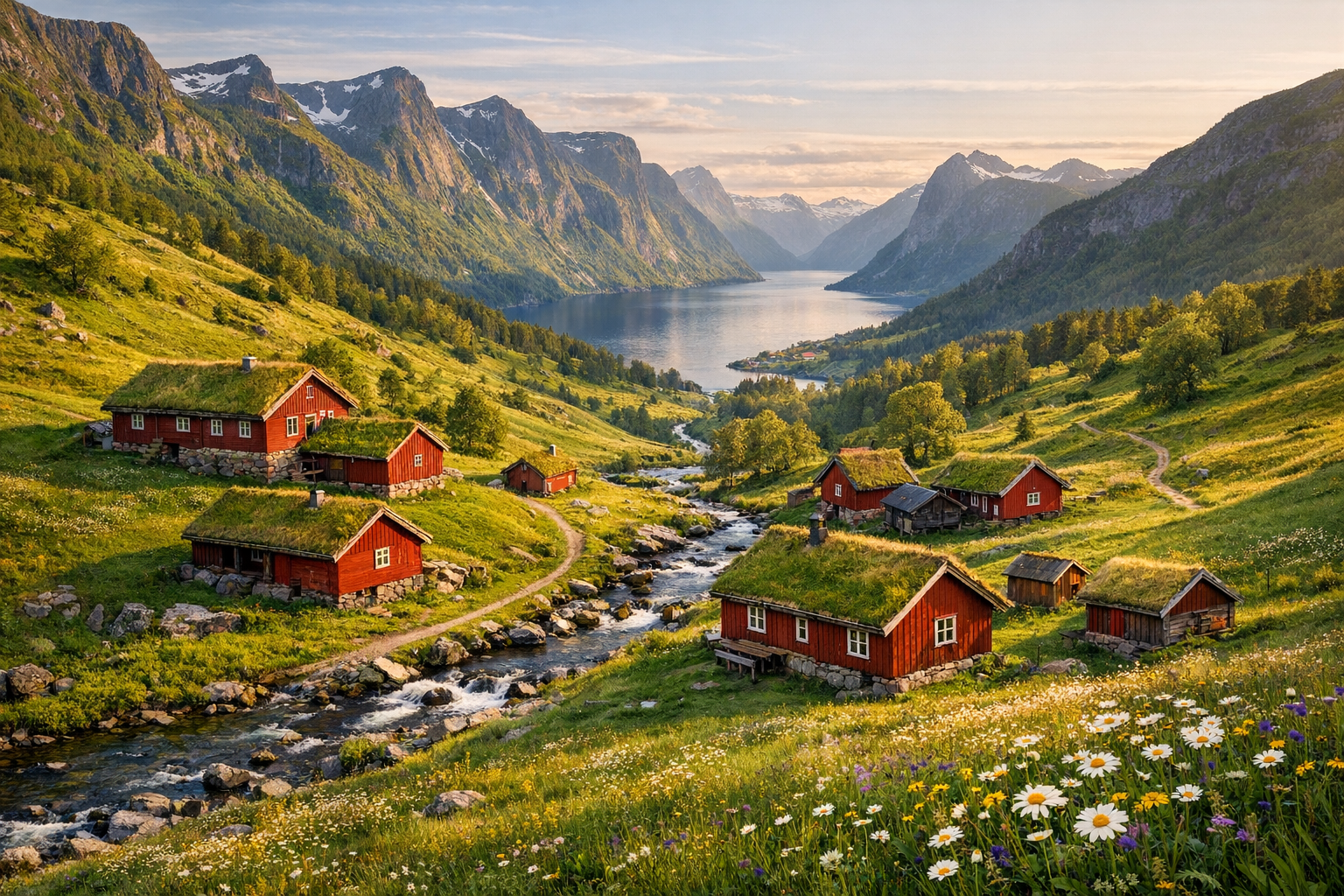 A breathtaking aerial view of a remote Norwegian village nestled in a lush green valley, with traditional red wooden farmhouses with grass-covered roofs scattered across rolling hillsides, surrounded by dramatic fjord mountains in the distance under soft golden hour lighting, wildflowers dotting the emerald meadows, a winding dirt path connecting the rustic farm buildings, crystal clear stream running through the pastoral landscape, authentic Nordic countryside atmosphere captured in natural daylight with rich colors and depth