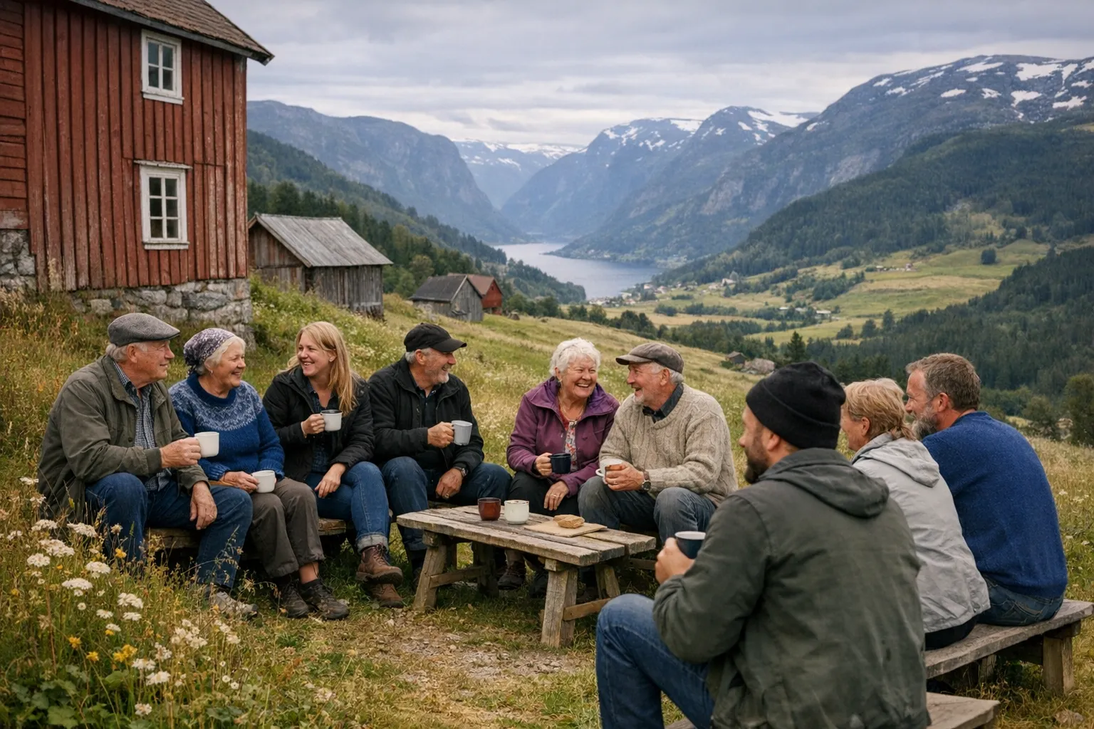 A candid shot of Norwegian locals gathered outdoors in a remote village setting, surrounded by rolling green farmland and distant mountains under soft overcast skies. Several people of varying ages are relaxing together on wooden benches near a traditional red wooden farmhouse, some holding steaming mugs, others engaged in conversation with genuine smiles and laughter. The scene captures authentic Nordic lifestyle with natural diffused lighting filtering through clouds, showing weathered grass, wildflowers dotting the meadow, and rustic farm buildings in the background. The composition feels spontaneous and unposed, shot from a slight distance to capture the entire social gathering against the dramatic Norwegian landscape, with deep fjord valleys visible in the distance and patches of remaining snow on distant peaks.