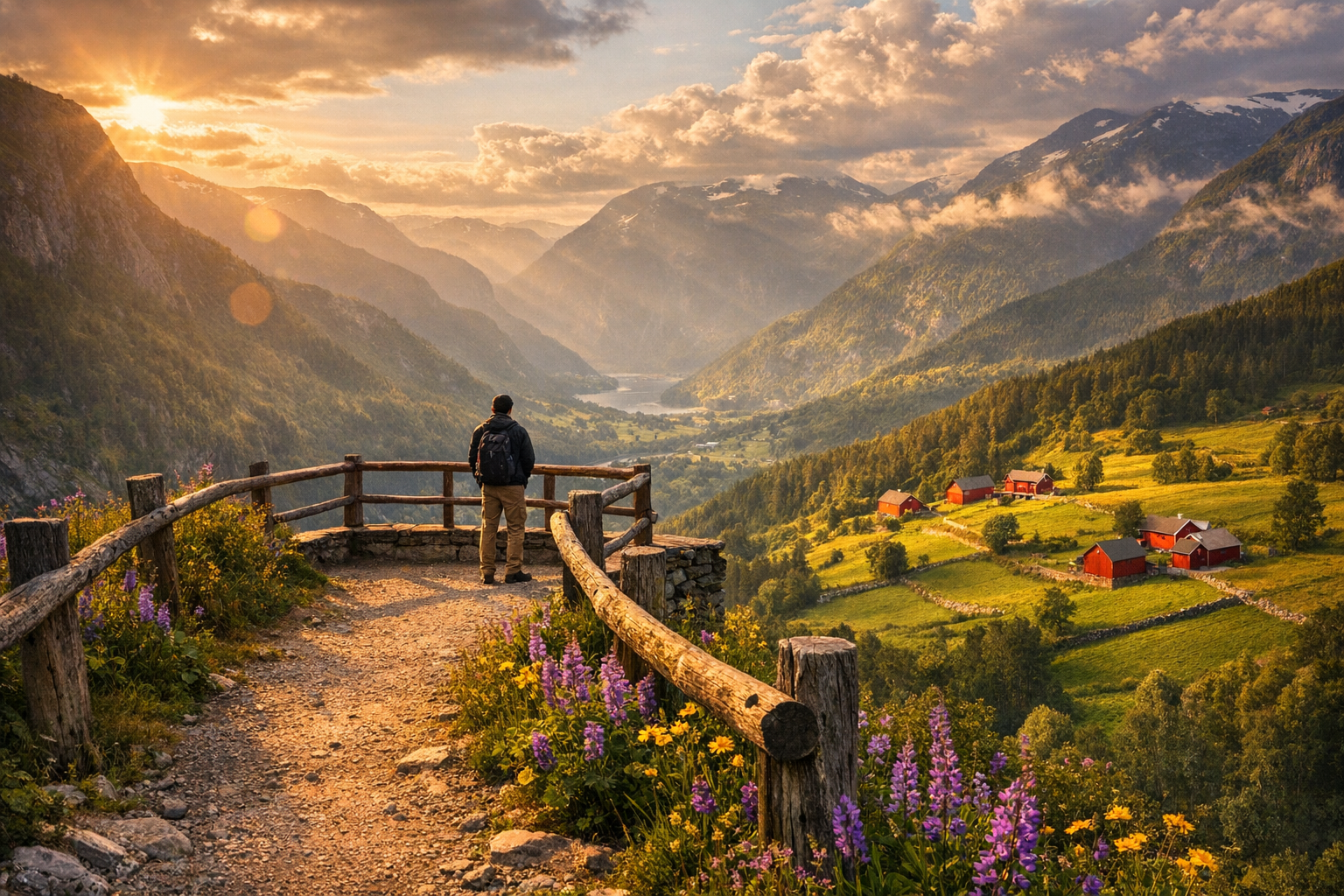 A breathtaking Norwegian mountain viewpoint captured during golden hour, where a solitary traveler stands at a rustic wooden railing overlooking a dramatic valley dotted with traditional red farmhouses and emerald green pastures far below. The scene features layered mountain ridges fading into misty blue distances, with a winding gravel path leading to the viewing platform. Wildflowers in purple and yellow bloom along the weathered wooden fence posts, while dramatic clouds cast dappled shadows across the patchwork of cultivated fields and ancient stone walls that divide the remote farmlands. The natural lighting creates a warm, peaceful atmosphere with soft lens flare from the low Nordic sun, shot with the authentic composition and color grading typical of wanderlust travel photography on social media.