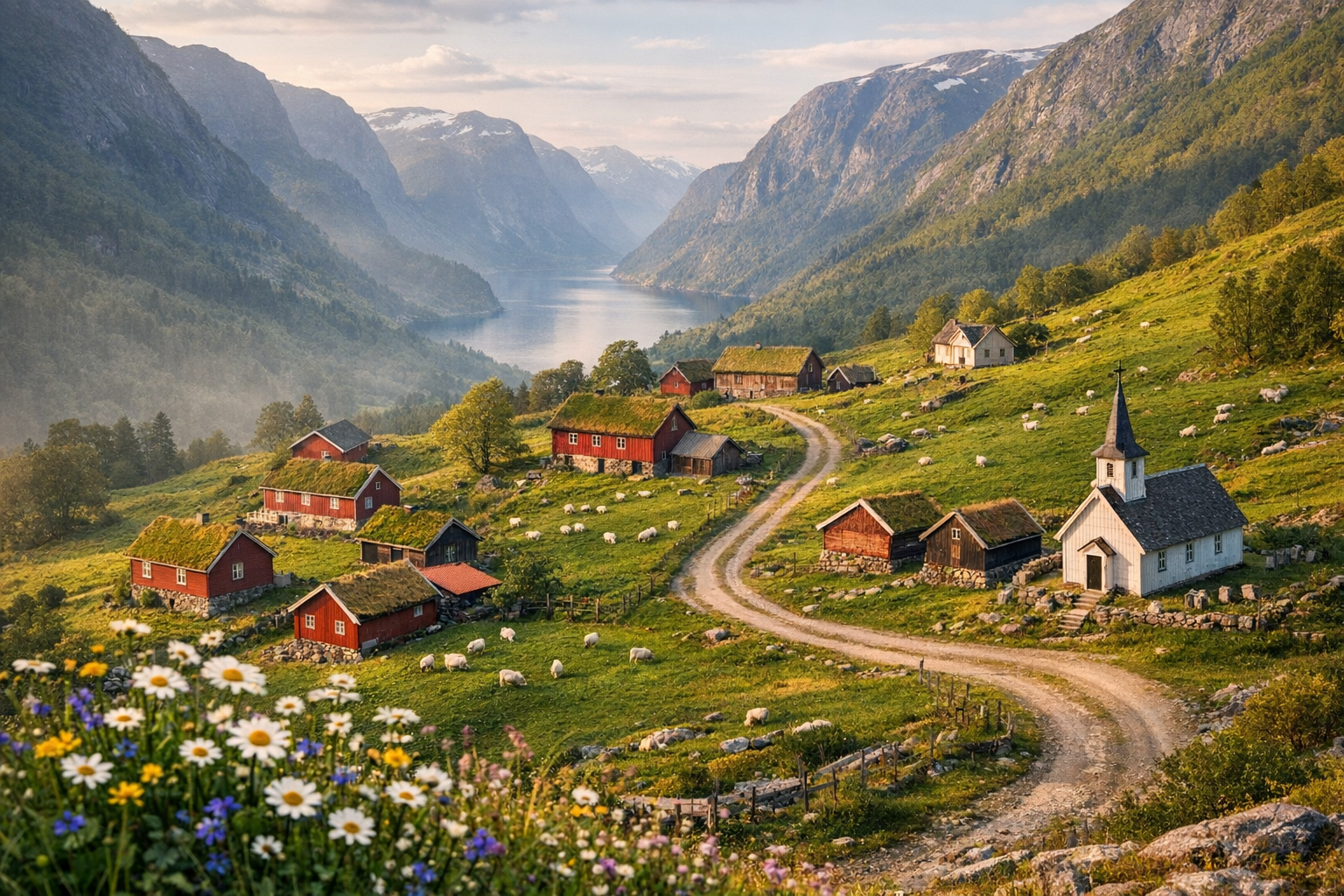 A sweeping aerial view of a remote Norwegian village nestled in a lush green valley, with traditional red and white wooden farmhouses with grass-covered roofs scattered across rolling hills, surrounded by dramatic fjord mountains in the background under soft golden hour lighting, a winding dirt road connecting the scattered homesteads, grazing sheep dotting the emerald meadows, wildflowers blooming in the foreground, and a small wooden church with a distinctive steeple visible among the cluster of buildings, all captured in authentic travel photography style with natural atmospheric haze and depth