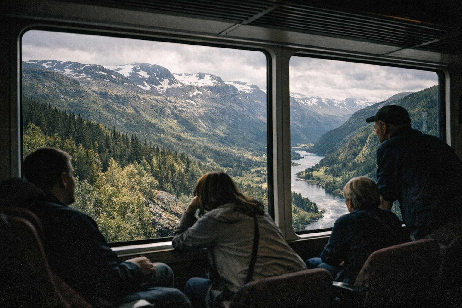 A candid shot taken from inside a train carriage showing passengers silhouetted against large panoramic windows, gazing out at the dramatic Norwegian landscape passing by. The view through the windows reveals a stunning transition of terrain - dense coastal pine forests in the foreground giving way to barren alpine tundra with patches of snow on distant peaks, then descending back into a lush green valley. Natural daylight streams through the windows, creating a soft backlit glow around the passengers' profiles. The composition captures multiple travelers seated and standing, some leaning toward the glass, completely absorbed in the changing scenery. The mountains display layers of vegetation zones clearly visible - from tree-covered lower slopes to rocky, moss-covered middle elevations to snow-dusted summits. A winding river or fjord can be seen snaking through the valley below, reflecting the overcast Nordic sky. The photo has that authentic travel photography aesthetic with slightly muted, cool-toned colors typical of Scandinavian light, shot with natural grain and depth of field that keeps focus on both the contemplative passengers and the majestic landscape beyond.