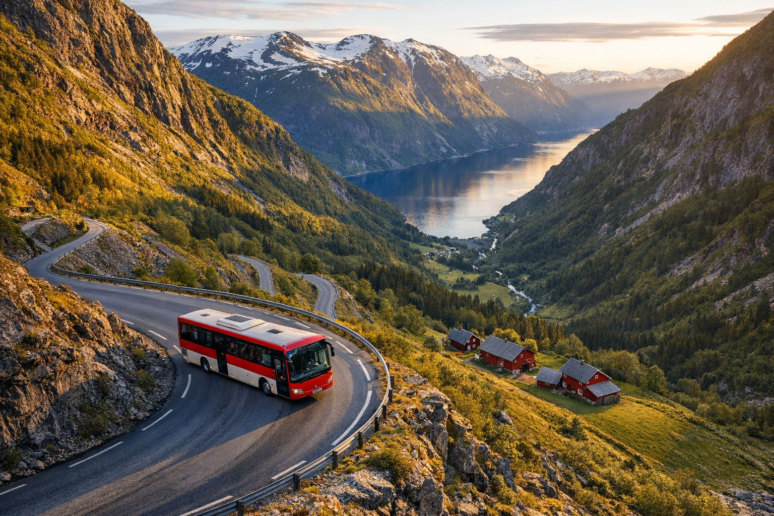 A candid shot of a modern red and white Norwegian regional bus winding along a dramatic mountain road, captured from an elevated viewpoint showing the serpentine highway cutting through steep green valleys with snow-capped peaks in the distance, golden hour sunlight casting long shadows across the rugged terrain, the bus appearing small against the massive scale of the Norwegian landscape, traditional red wooden farmhouses dotting the hillsides below, a crystal-clear fjord visible in the background reflecting the evening sky, shot with natural lighting that emphasizes the epic scale and accessibility of rural Norway's wilderness, authentic travel photography style with rich colors and depth