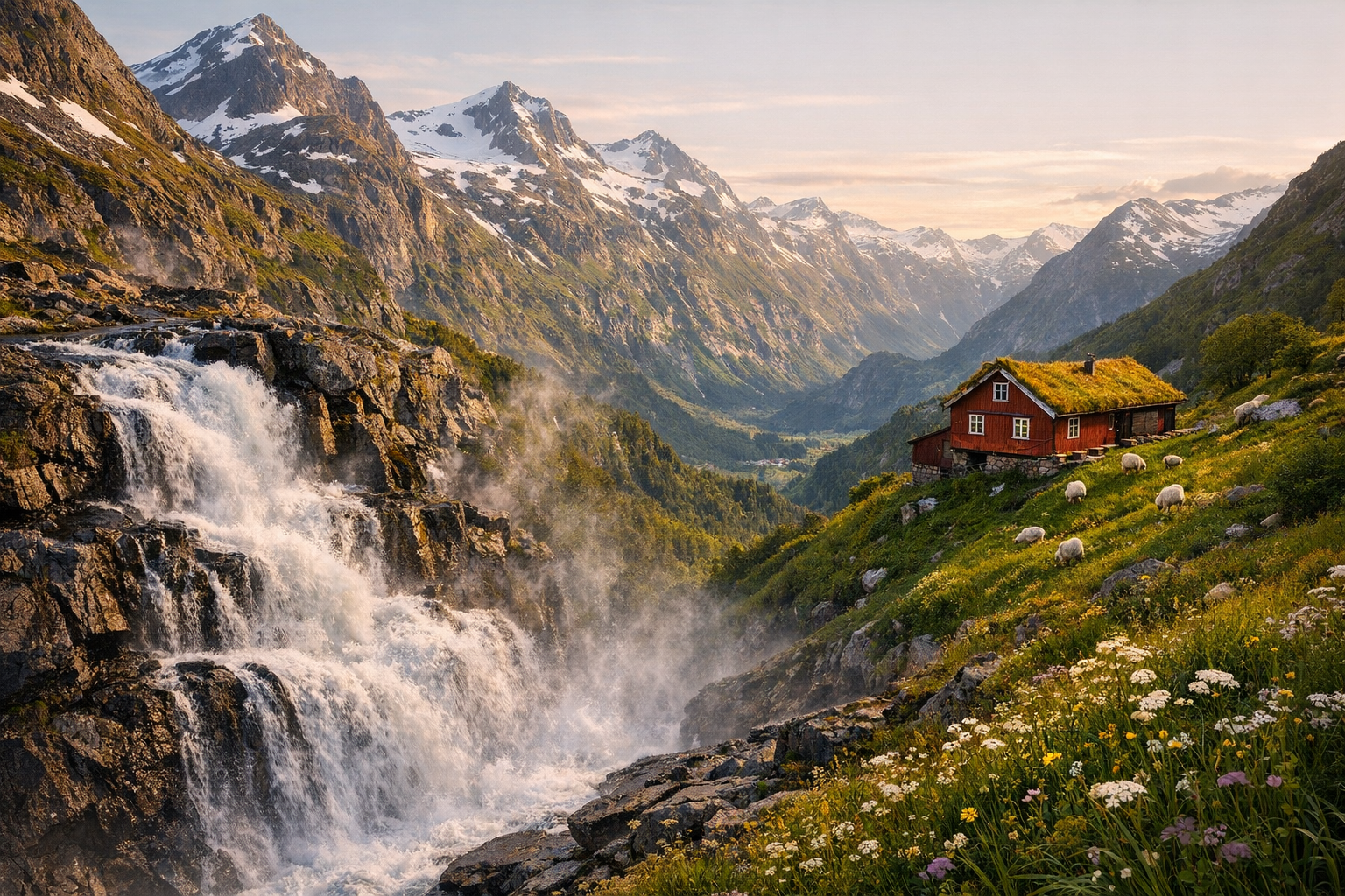 A breathtaking Norwegian mountain landscape captured during golden hour, featuring a dramatic cascading waterfall tumbling down dark rocky cliffs in the foreground, with majestic snow-capped peaks rising against a pale Nordic sky in the background. A traditional red wooden Norwegian farmhouse with a grass-covered roof perches precariously on a steep green hillside in the middle distance, surrounded by wildflowers and grazing sheep. The composition shows multiple valleys receding into the distance with patches of remaining snow on the highest peaks. Natural afternoon light illuminates the scene with soft shadows across the mountainside, while mist rises from the waterfall creating an ethereal atmosphere. Shot with a wide-angle lens to capture the epic scale of the landscape, with rich greens of the hillside grass contrasting against the white snow and dark stone, typical of authentic travel photography shared on social media.