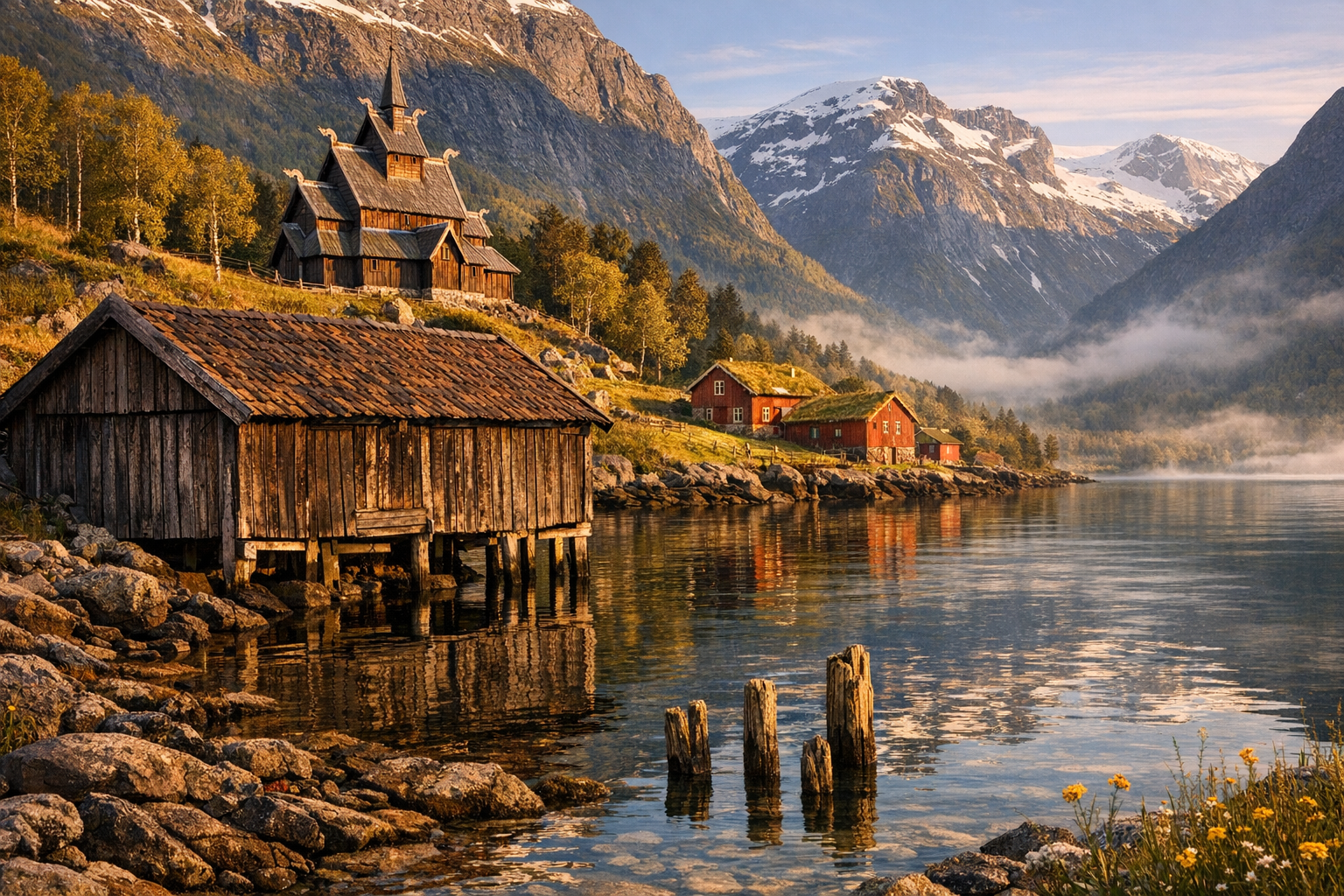 A weathered wooden boathouse with traditional Norwegian architecture sits at the edge of a pristine fjord, its dark timber planks aged by centuries of coastal weather, reflecting in the still mountain water. In the background, a white wooden stave church with distinctive tiered rooflines and dragon-head decorations perches on a hillside among birch trees, while an old red farmstead with grass-covered roof nestles into the valley below dramatic snow-capped peaks. Golden hour sunlight bathes the scene in warm amber tones, creating long shadows across the rocky shoreline where weathered wooden posts emerge from the crystal-clear water. Wildflowers dot the grassy slopes, and morning mist clings to the mountain valleys in the distance, captured with the authentic composition and natural lighting of documentary travel photography.