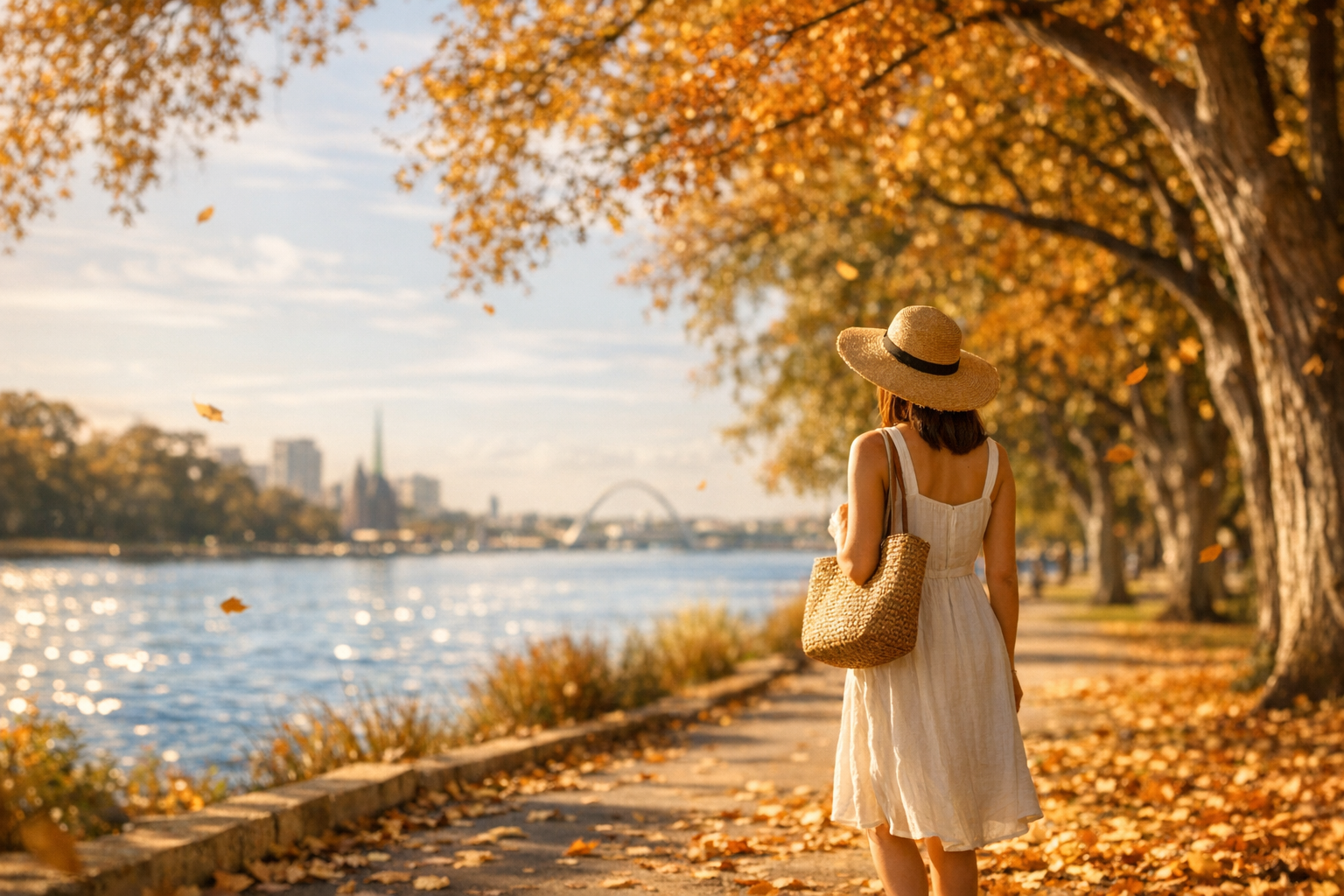 A sun-drenched autumn afternoon scene in Perth, Western Australia, with a solo female traveler in a light linen sundress and wide-brim straw hat strolling along a tree-lined riverside path. The trees display stunning warm golden and burnt orange foliage, with leaves gently drifting through the soft afternoon air. The iconic Swan River glimmers in the background under a clear, pale blue sky with wispy clouds. Natural golden hour light filters through the canopy, casting dappled shadows across the footpath. The woman carries a woven tote bag and pauses to look out toward the water, her posture relaxed and unhurried. Fallen amber leaves scatter across the ground around her feet. Shot from a slight distance with a shallow depth of field, giving the image a warm, dreamy bokeh quality. The color palette is rich with honey golds, terracotta oranges, and soft greens, evoking that perfect mild autumn warmth unique to Perth's shoulder season. Authentic candid travel photography aesthetic with natural skin tones and no harsh shadows, the kind of effortlessly beautiful moment captured on a mirrorless camera during the golden hour.