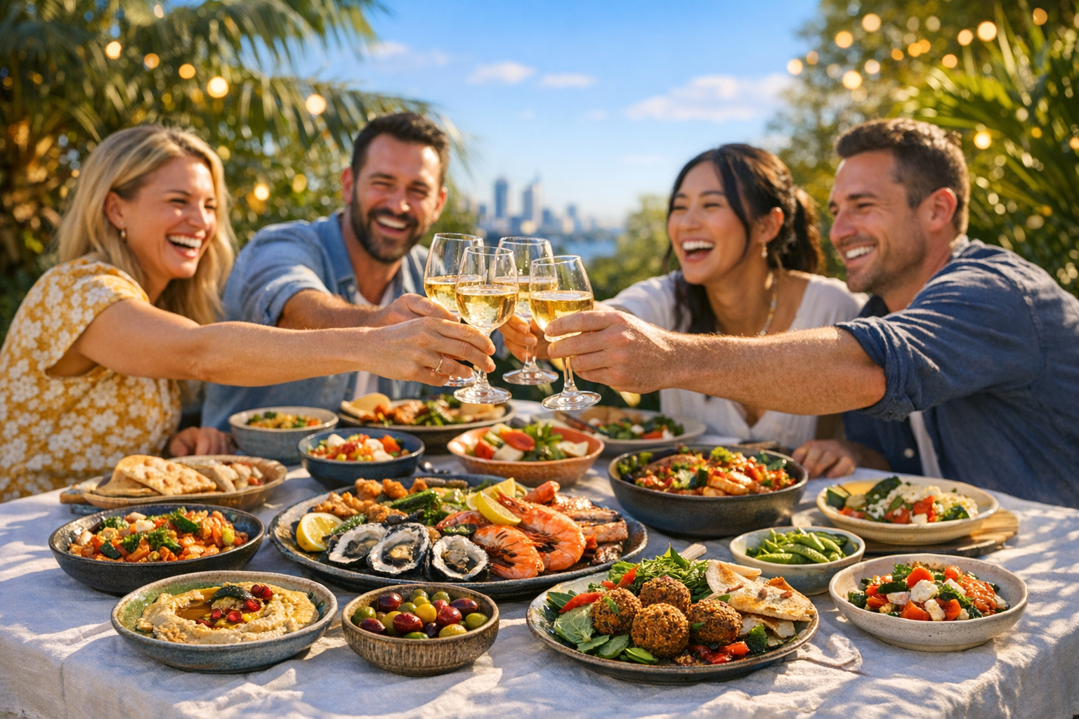 colorful mezze plates, fresh seafood, and aromatic Asian-inspired bowls arranged artfully together. A diverse group of friends laughs and reaches across the table, wine glasses catching the late afternoon sunlight. Lush tropical greenery frames the terrace, with the distinctive Perth blue sky visible above. The scene feels effortlessly relaxed and social, shot with a slightly shallow depth of field that blurs the background into a soft bokeh of warm lights and foliage. Natural light casts long golden shadows across the white linen tablecloth, highlighting the textures of the food and the genuine joy on the faces of the diners. The overall aesthetic is bright, warm, and inviting — the kind of effortless Perth lifestyle moment that feels both aspirational and completely authentic.