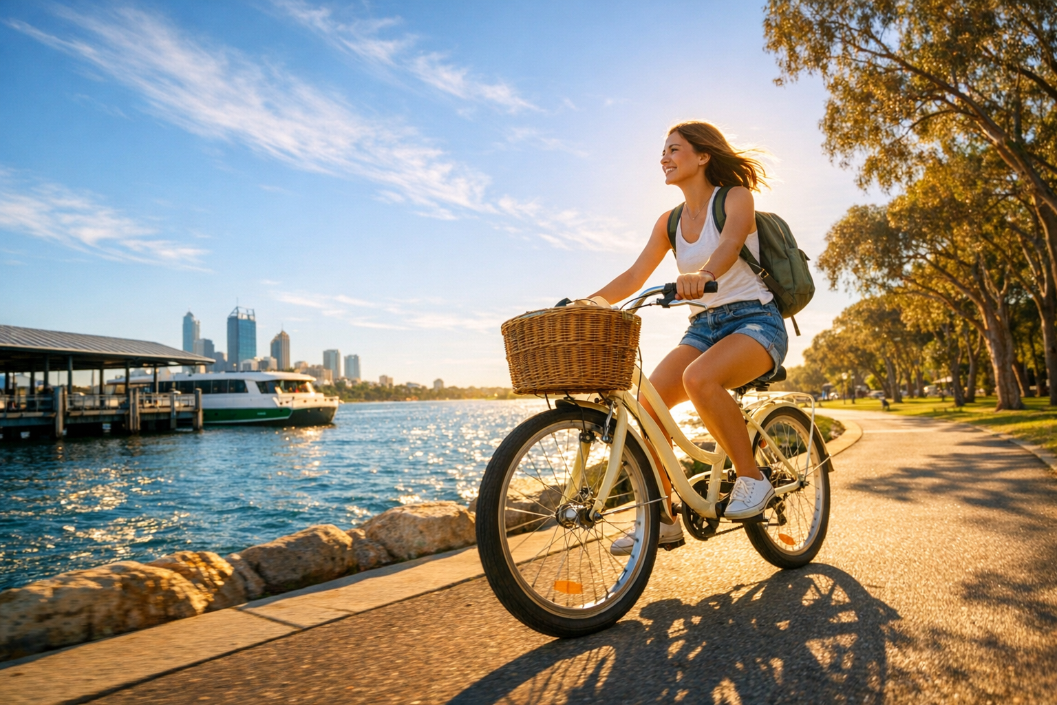 A sun-drenched waterfront scene in Perth, Australia, where a cheerful traveler in casual summer clothes pedals a rented bicycle along a smooth coastal path beside a sparkling blue river, the iconic Swan River glimmering in the warm golden afternoon light behind them. The bicycle is a classic cruiser style with a wicker basket on the front, and the rider has a small backpack slung over their shoulders, hair blowing lightly in the gentle breeze. In the soft-focus background, a modern ferry terminal dock stretches out over the water, with a white passenger ferry moored alongside it. Lush green parkland lines the riverside path, with native Australian trees casting dappled shadows across the pavement. The sky above is a brilliant clear blue with wispy white clouds, and the overall mood feels effortlessly free-spirited and adventurous. Shot with a wide-angle lens from a low angle to capture both the cyclist and the sweeping waterfront landscape, with natural warm sunlight creating a beautiful golden rim light effect around the subject, giving the image that authentic candid travel photography feel popular on social media.