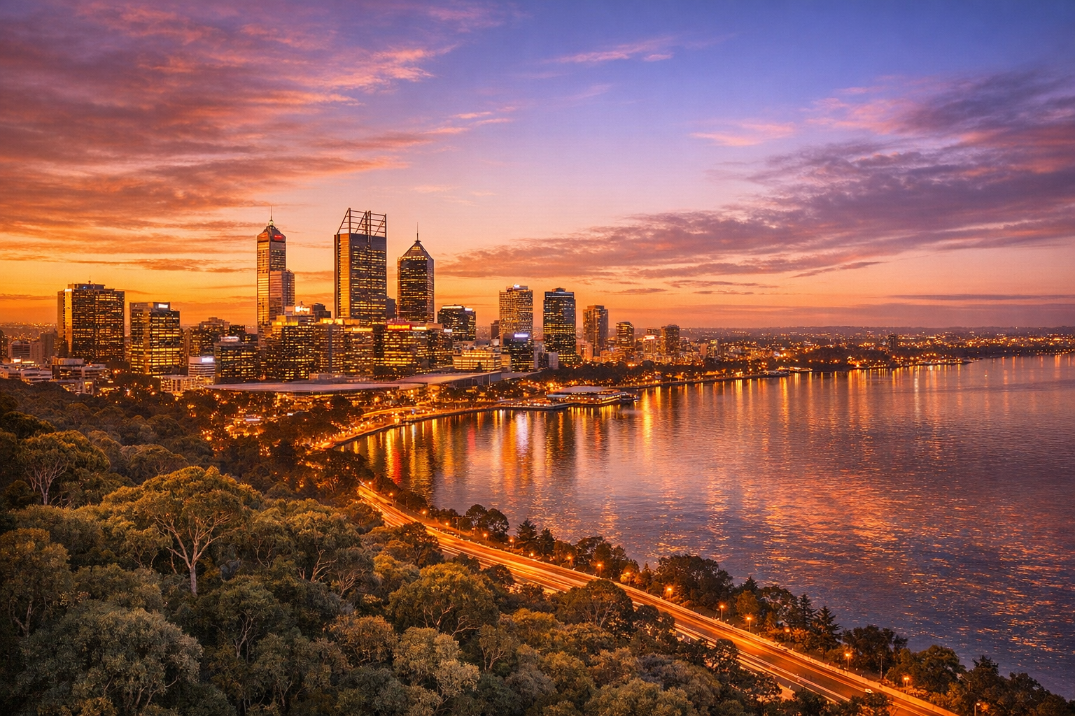 A breathtaking aerial photograph of Perth's gleaming city skyline captured during golden hour, where warm amber and rose-gold sunlight bathes the modern glass skyscrapers in a soft, luminous glow. The Swan River winds gracefully through the scene below, its calm surface reflecting shimmering ribbons of orange and pink light like liquid gold. In the foreground, the lush green canopy of Kings Park stretches across the elevated escarpment, its dense native bushland creating a stunning natural contrast against the urban skyline beyond. The sky transitions from deep burnt orange near the horizon to soft lavender and dusty blue higher above, with wispy clouds catching the last rays of the setting sun. Shot with a wide-angle lens from a high vantage point, the composition captures the perfect balance between Perth's vibrant cityscape and its extraordinary natural surroundings, with the river acting as a mirror between the two worlds. The warm, cinematic lighting gives the entire scene a dreamy, almost painterly quality, with the city lights just beginning to flicker on as dusk approaches, creating a magical twilight atmosphere that feels both epic and intimate.