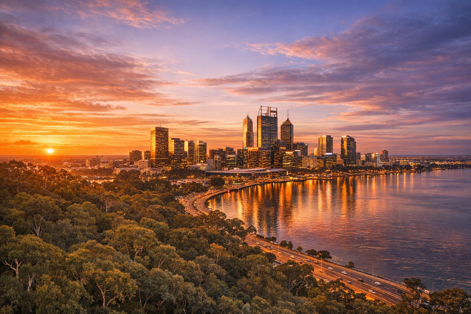 A breathtaking aerial photograph of Perth's gleaming city skyline captured during golden hour, where warm amber and rose-gold sunlight bathes the modern glass skyscrapers in a soft, luminous glow. The Swan River winds gracefully through the scene below, its calm surface reflecting shimmering ribbons of orange and pink light like liquid gold. In the foreground, the lush green canopy of Kings Park stretches across the elevated escarpment, its dense native bushland creating a stunning natural contrast against the urban skyline beyond. The sky transitions from deep burnt orange near the horizon to soft lavender and dusty blue higher above, with wispy clouds catching the last rays of the setting sun. Shot with a wide-angle lens from a high vantage point, the composition captures the perfect balance between Perth's vibrant cityscape and its extraordinary natural surroundings, with the river acting as a mirror between the two worlds. The warm, cinematic lighting gives the entire scene a dreamy, almost painterly quality, with the city lights just beginning to flicker on as dusk approaches, creating a magical twilight atmosphere that feels both epic and intimate.