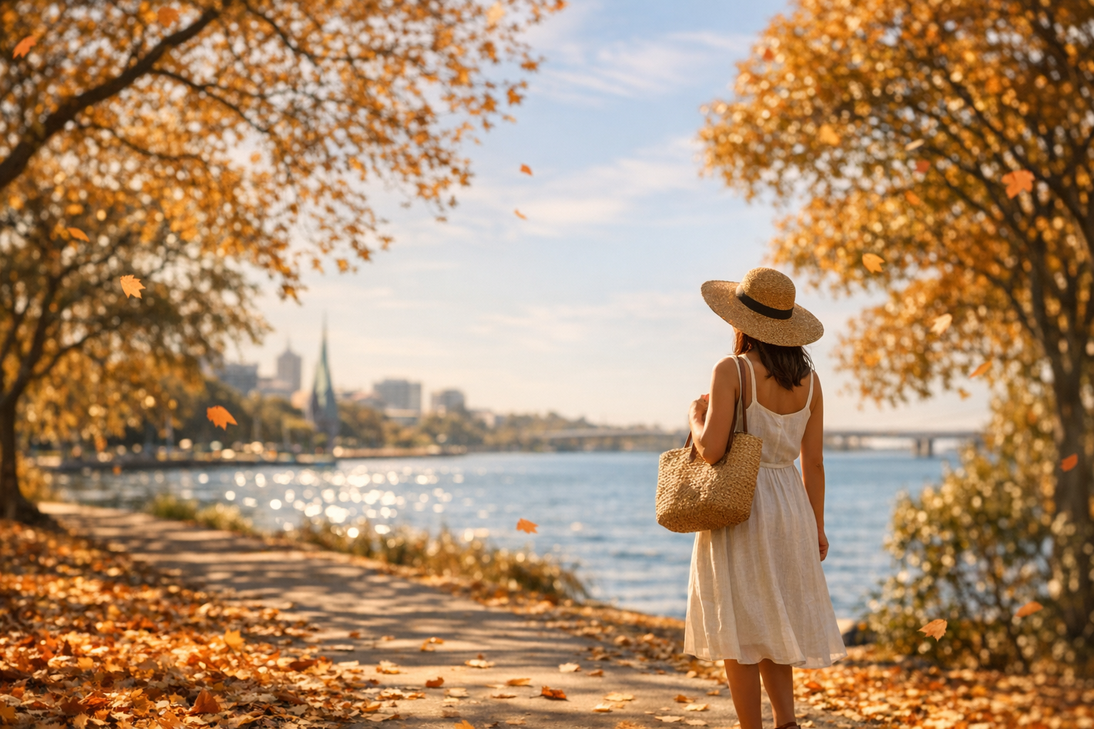 A sun-drenched autumn afternoon scene in Perth, Western Australia, with a solo female traveler in a light linen sundress and wide-brim straw hat strolling along a tree-lined riverside path. The trees display stunning warm golden and burnt orange foliage, with leaves gently drifting through the soft afternoon air. The iconic Swan River glimmers in the background under a clear, pale blue sky with wispy clouds. Natural golden hour light filters through the canopy, casting dappled shadows across the footpath. The woman carries a woven tote bag and pauses to look out toward the water, her posture relaxed and unhurried. Fallen amber leaves scatter across the ground around her feet. Shot from a slight distance with a shallow depth of field, giving the image a warm, dreamy bokeh quality. The color palette is rich with honey golds, terracotta oranges, and soft greens, evoking that perfect mild autumn warmth unique to Perth's shoulder season. Authentic candid travel photography aesthetic with natural skin tones and no harsh shadows, the kind of effortlessly beautiful moment captured on a mirrorless camera during the golden hour.