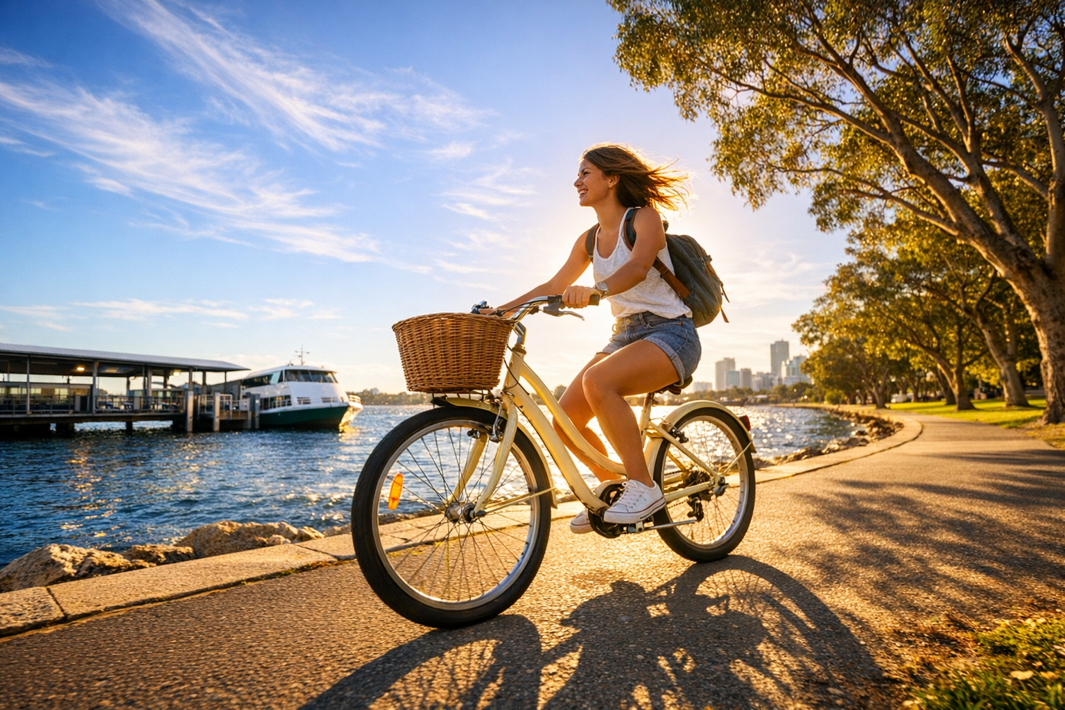 A sun-drenched waterfront scene in Perth, Australia, where a cheerful traveler in casual summer clothes pedals a rented bicycle along a smooth coastal path beside a sparkling blue river, the iconic Swan River glimmering in the warm golden afternoon light behind them. The bicycle is a classic cruiser style with a wicker basket on the front, and the rider has a small backpack slung over their shoulders, hair blowing lightly in the gentle breeze. In the soft-focus background, a modern ferry terminal dock stretches out over the water, with a white passenger ferry moored alongside it. Lush green parkland lines the riverside path, with native Australian trees casting dappled shadows across the pavement. The sky above is a brilliant clear blue with wispy white clouds, and the overall mood feels effortlessly free-spirited and adventurous. Shot with a wide-angle lens from a low angle to capture both the cyclist and the sweeping waterfront landscape, with natural warm sunlight creating a beautiful golden rim light effect around the subject, giving the image that authentic candid travel photography feel popular on social media.