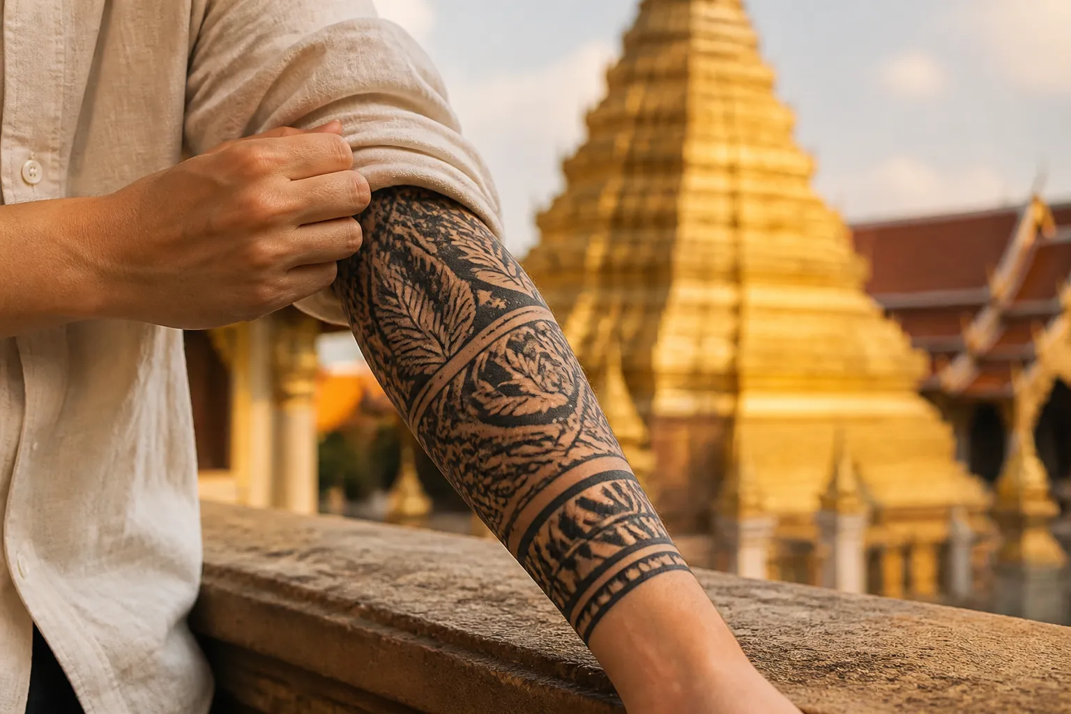 A traveler's forearm with a bold blackwork tattoo sleeve of stylised leaves and geometric bands, resting on a stone balustrade while the cuff of a loose cream linen long-sleeve shirt is drawn down over the ink, with the gilded chedi and red-tiled rooflines of a Thai Buddhist temple courtyard blurred in warm afternoon light behind.
